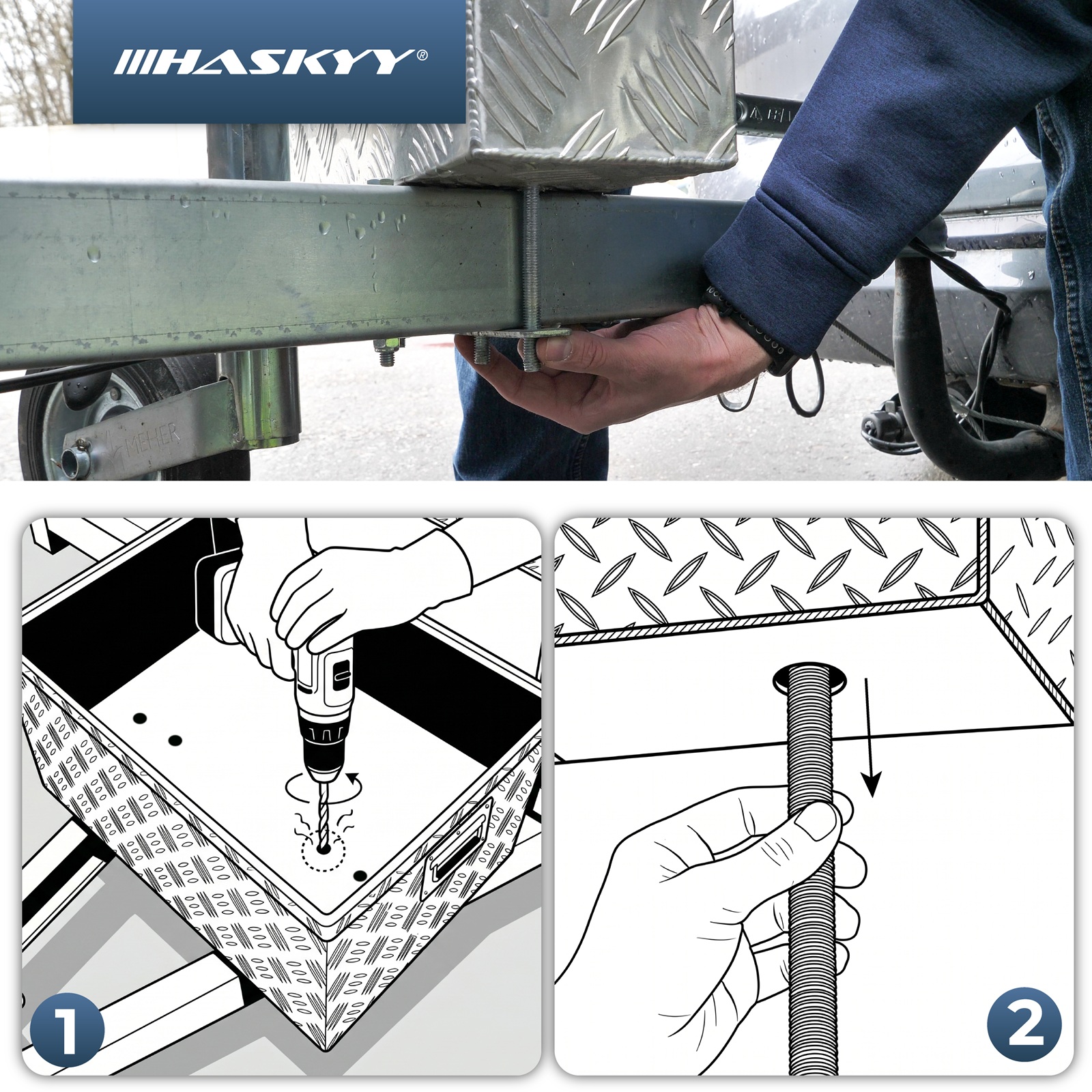HASKYY Zurrbügel Set Alu-Deichselbox verzinkter Stahl, 4x Schrauben 18cm & Platten 116mm Universal