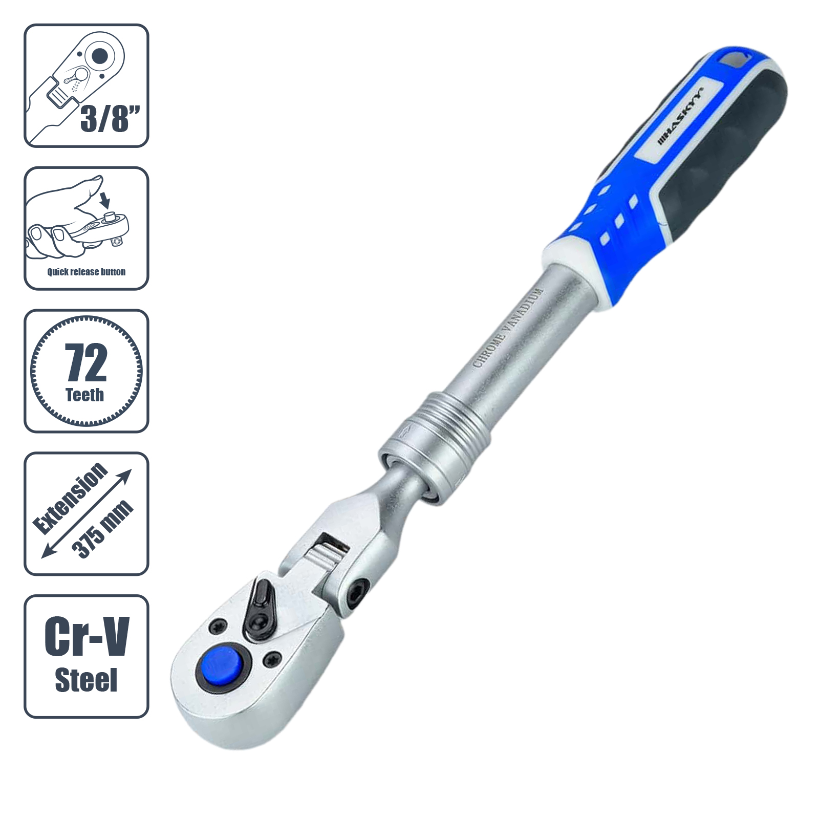 HASKYY Teleskopknarre 3/8" 275–375 mm – Gelenk-Umschaltknarre ausziehbar, 72 Zähne, Schnelllöser, Cr-V matt verchromt (max. 303 Nm)