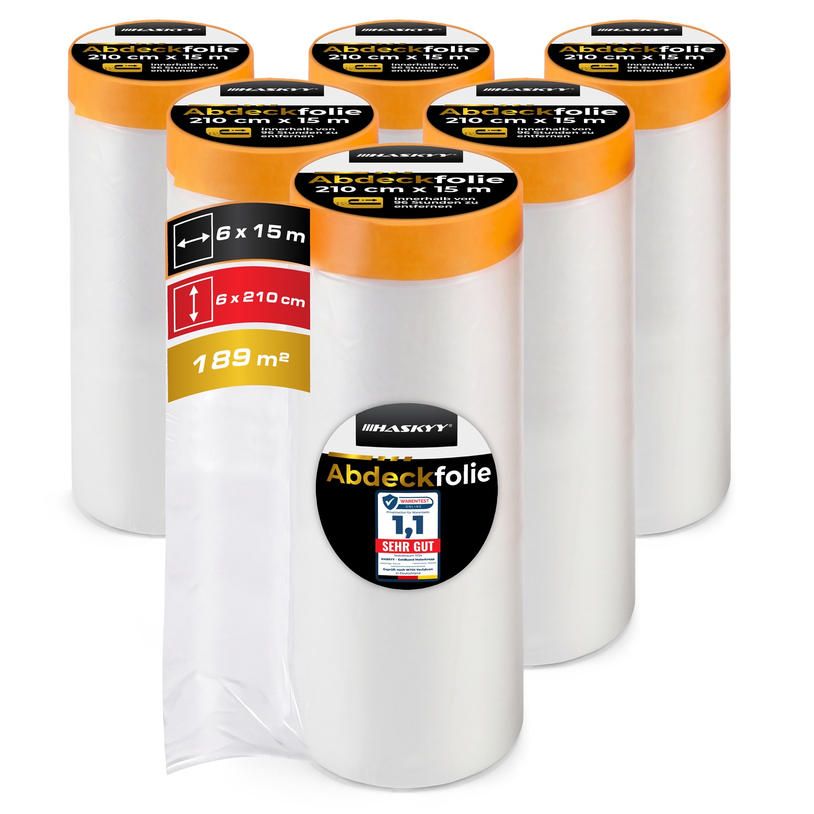 6x Abdeckfolie 210cm x 15m mit Klebeband 18mm