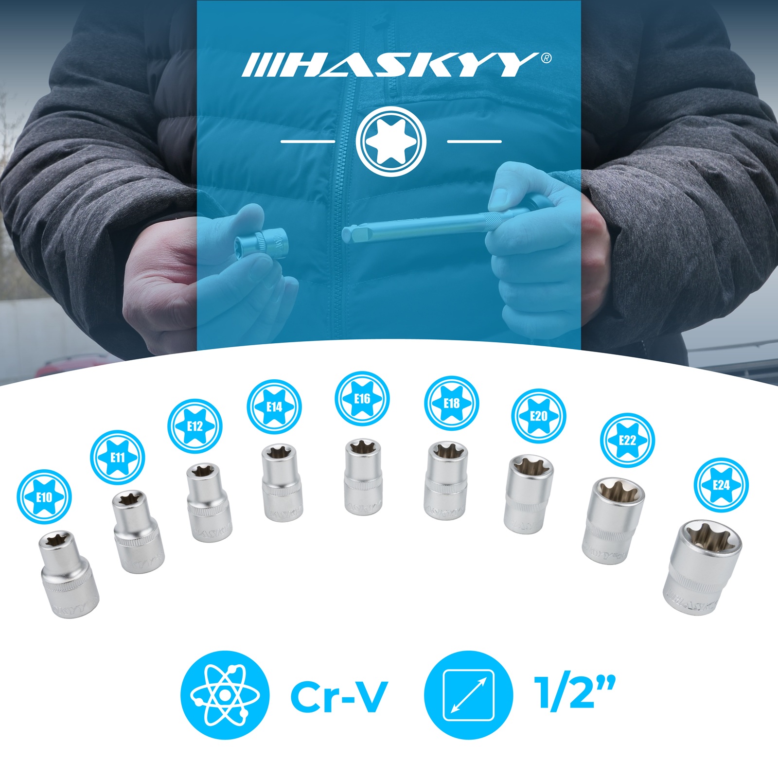 HASKYY Torx Steckschlüssel Satz E10-E24 Nüsse 1/2" 9-teilig Außen-Torx Steckschlüsseleinsätze