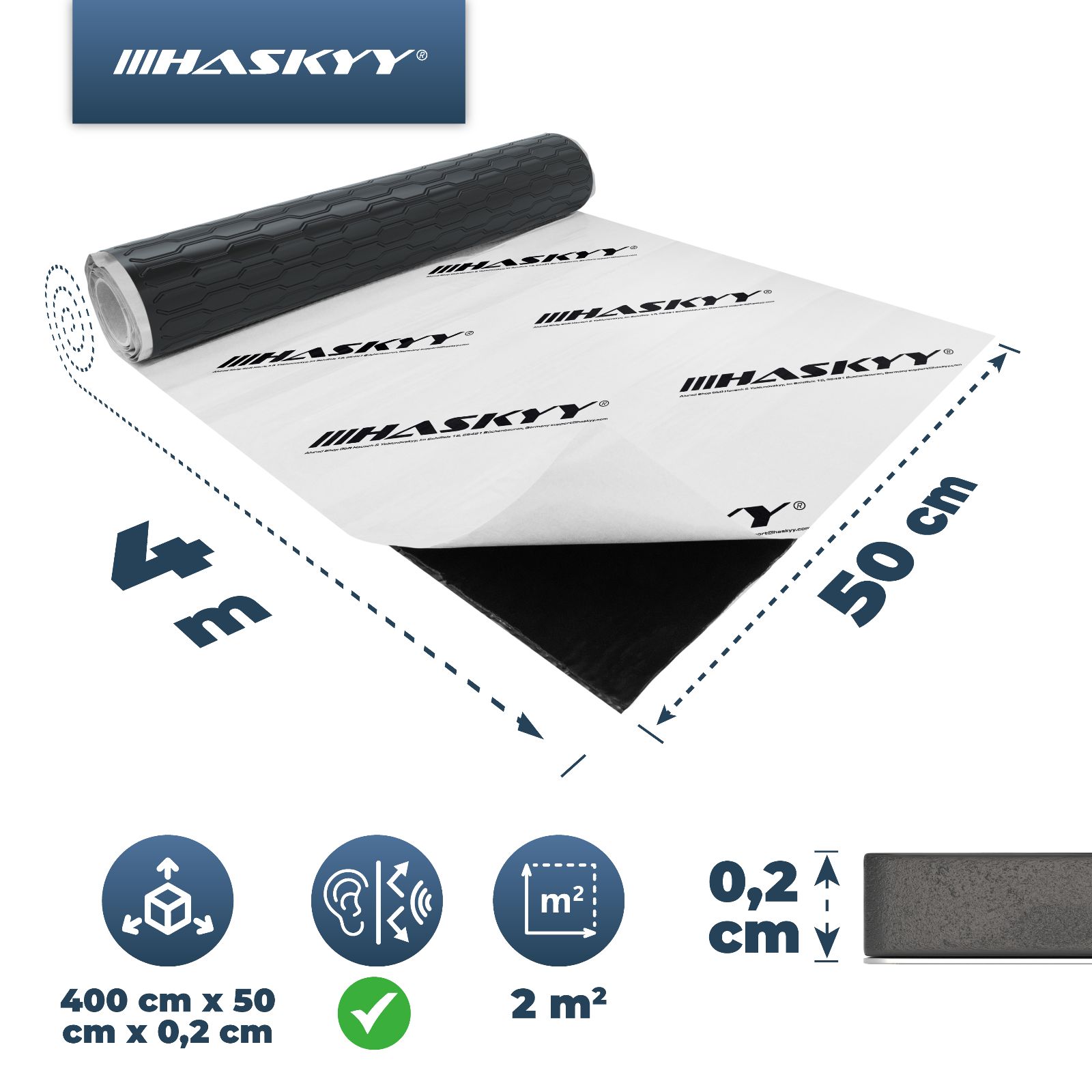 HASKYY 2 mm Alubutyl Schallisolierung SCHWARZ Dämmmaterial 50x400 cm Rolle