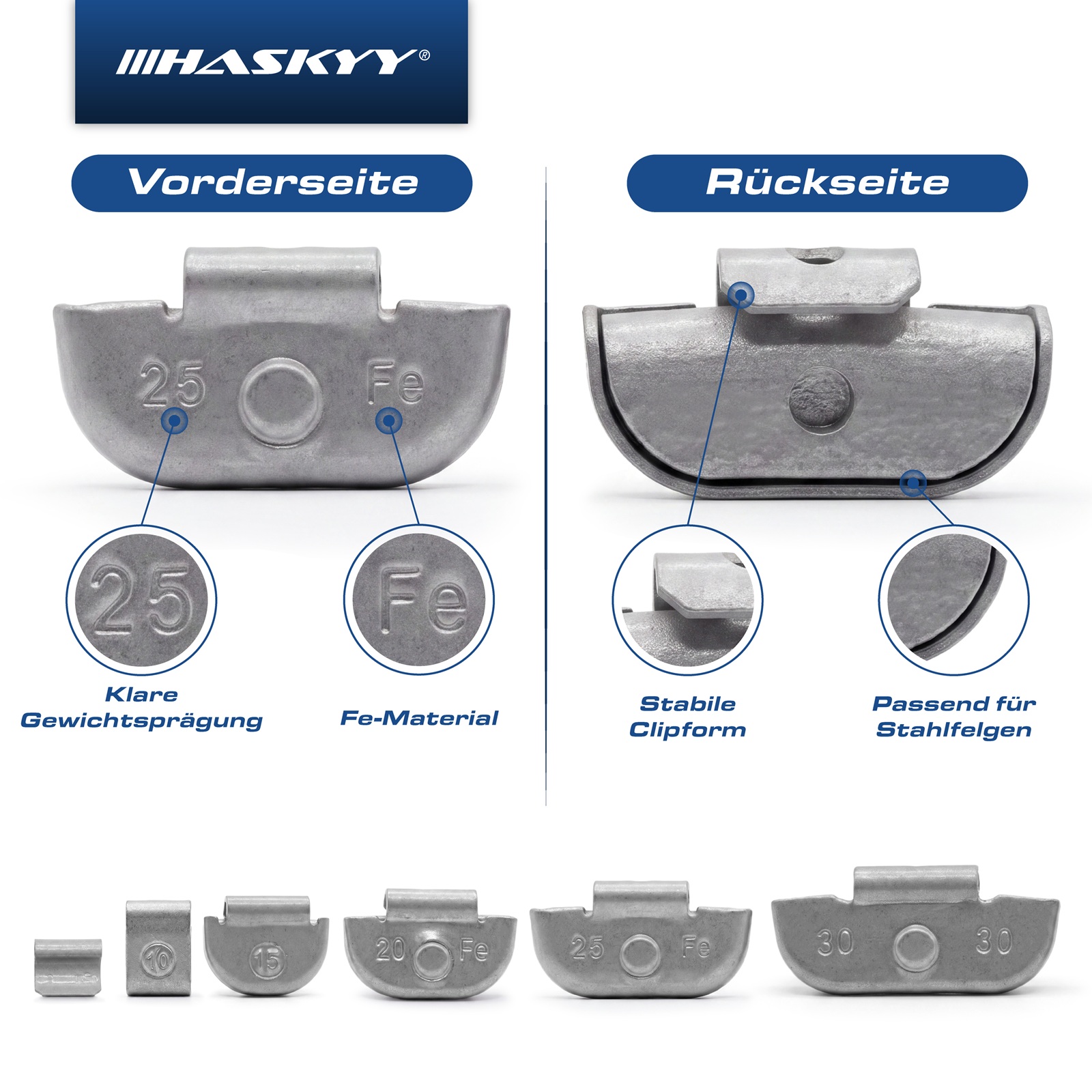 HASKYY 150 tlg. Schlaggewichte Auswuchtgewichte FE Stahlfelgen 5-30 g Silber