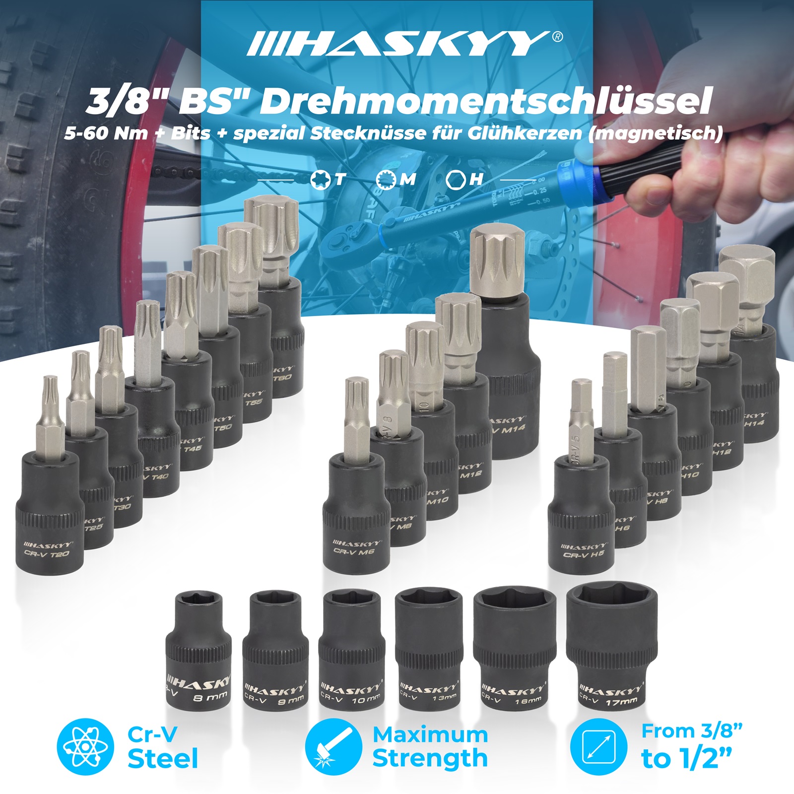 Haskyy Drehmomentschlüssel Set 3/8" 5-60Nm Motorrad Drehmoment - Black Series