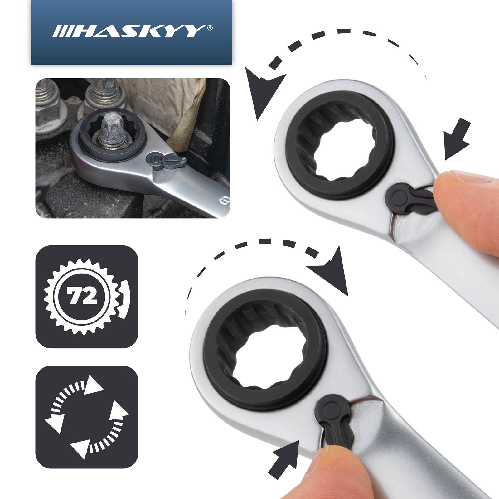 HASKYY Kombi Doppel-Ringratschenschlüssel Set 4in1 3-tlg 8-19mm