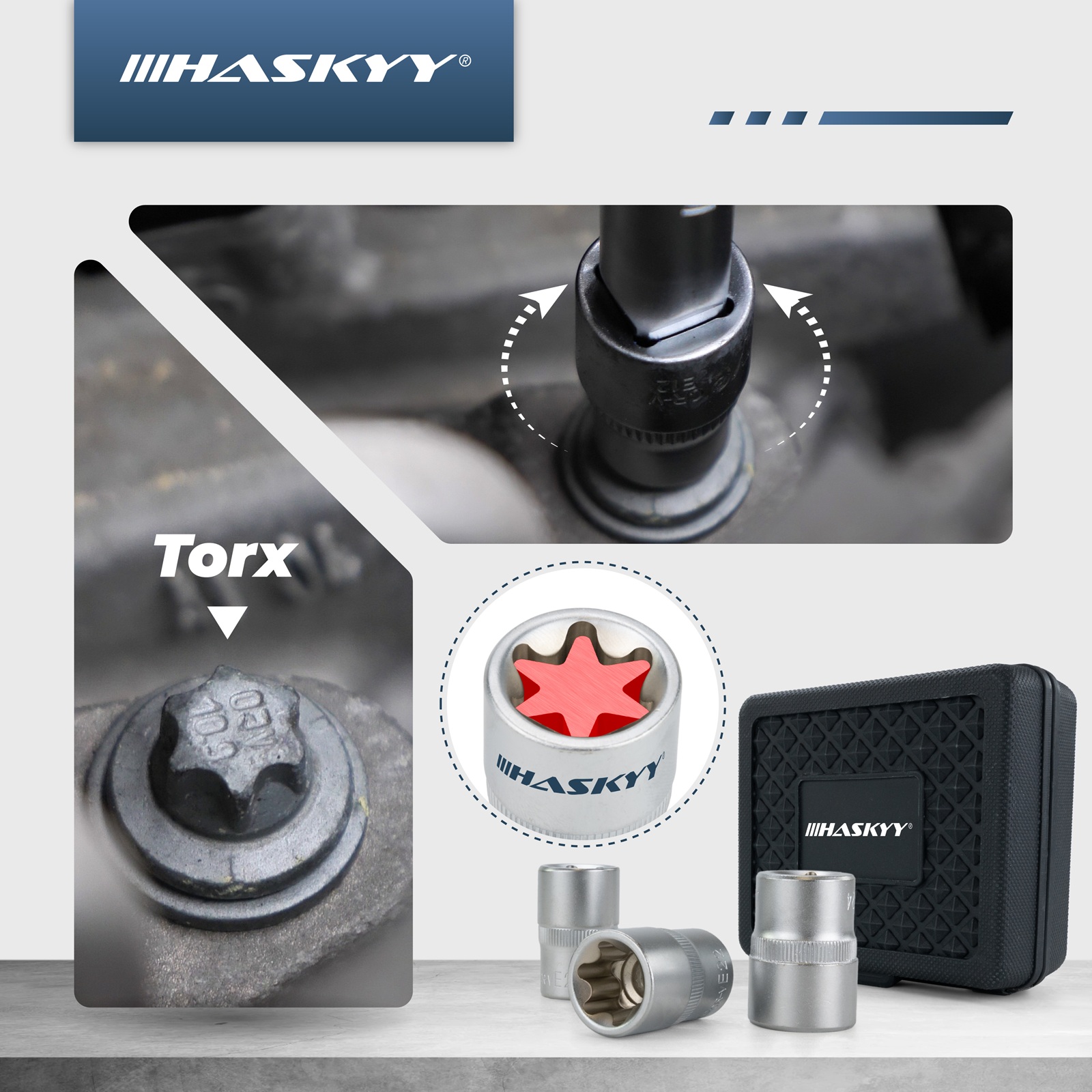 HASKYY Torx Steckschlüssel Satz E10-E24 Nüsse 1/2" 9-teilig Außen-Torx Steckschlüsseleinsätze