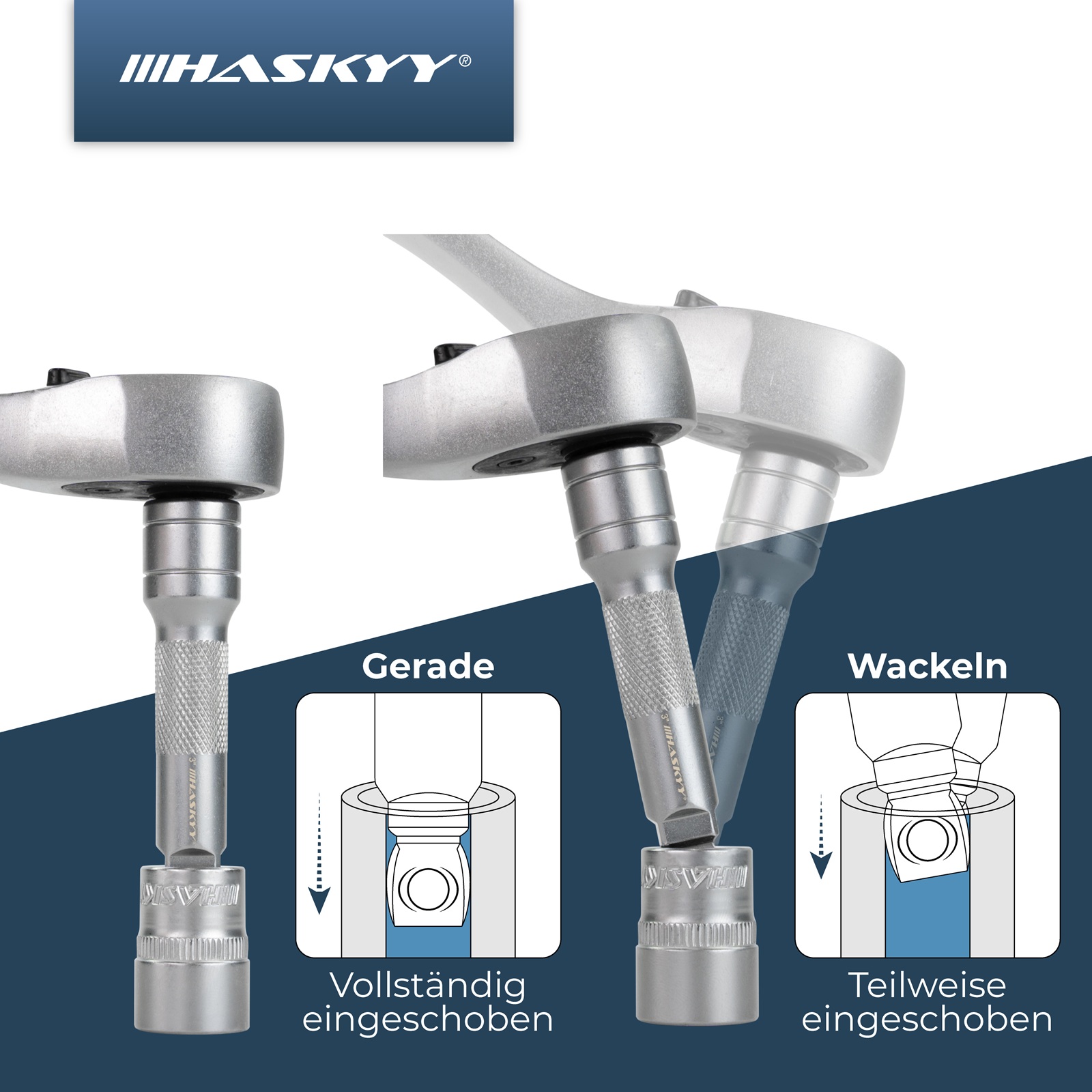 HASKYY Verlängerungs-Stecknuss-Set 9-tlg. 1/4" / 3/8" / 1/2" Antrieb – Längen 50-250 mm