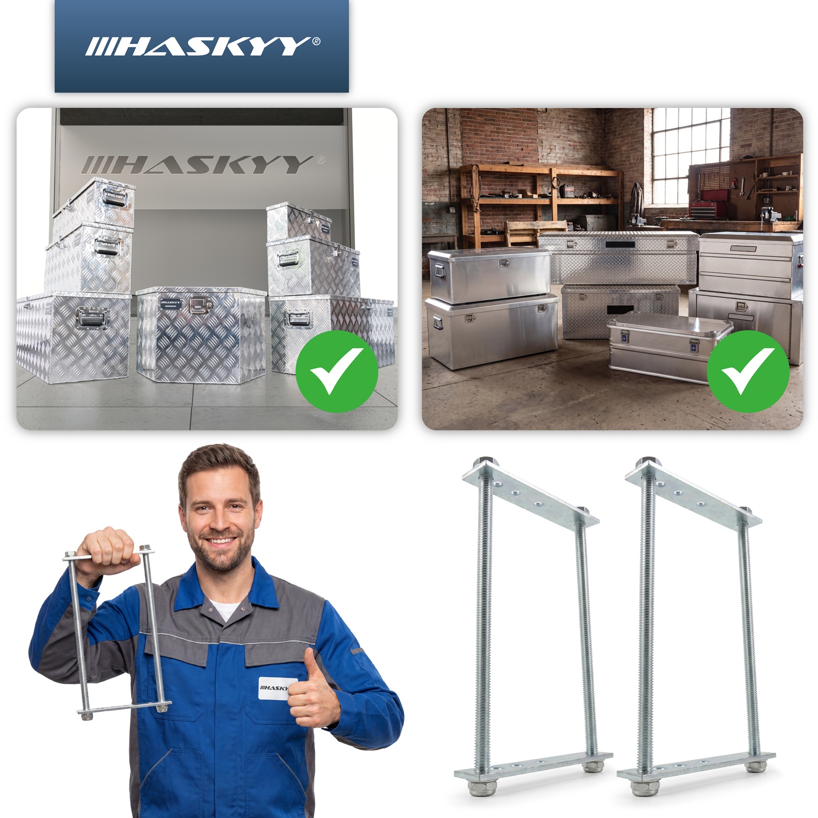HASKYY Zurrbügel Set Alu-Deichselbox verzinkter Stahl, 4x Schrauben 18cm & Platten 116mm Universal