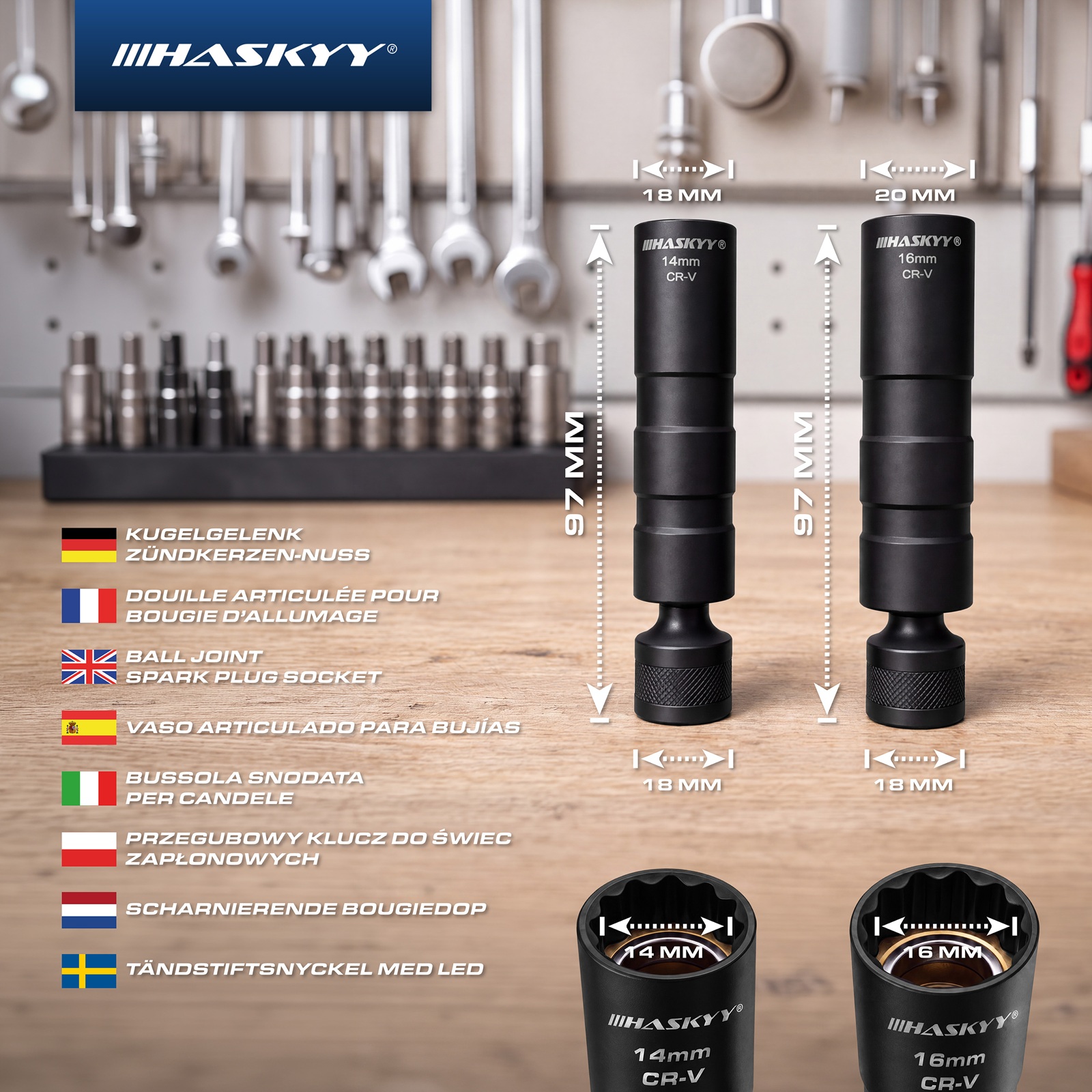 HASKYY Gelenk Zündkerzenschlüssel 14 16 mm magnetisch Zündkerzen Glühkerzen 3/8" Zwölfkant