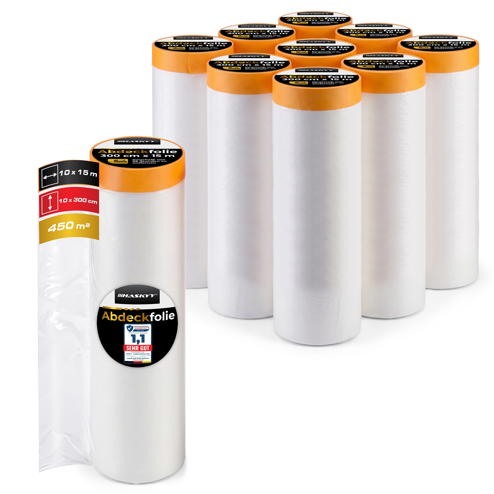 10x Abdeckfolie 300cm x 15m mit Klebeband 18mm