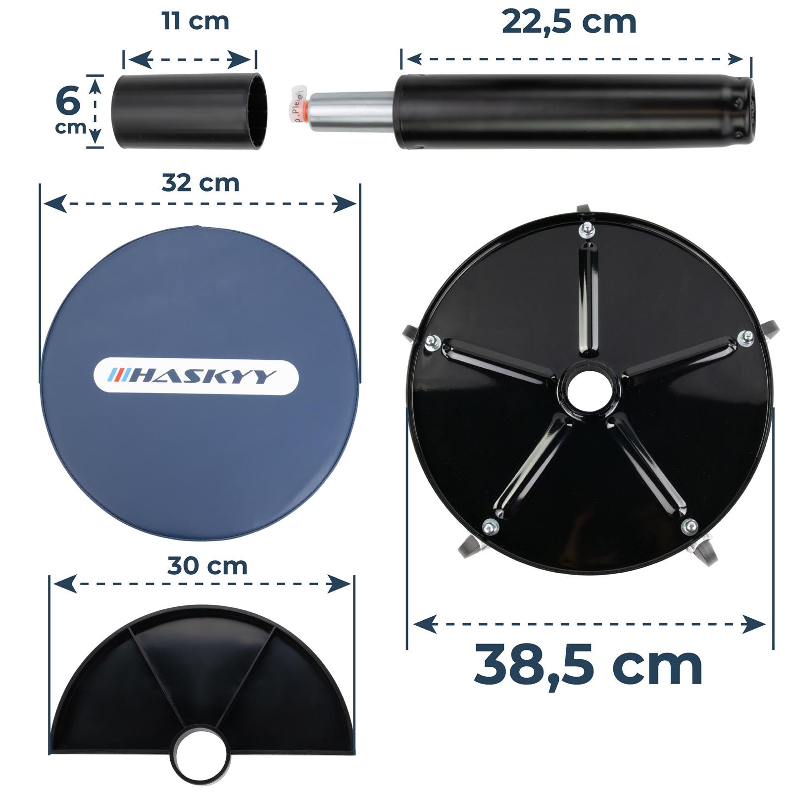 HASKYY Werkstatthocker Blau – 410–540 mm höhenverstellbar, Rollhocker mit 5 Rollen & 2 Ablagen, gepolsterter Sitz Ø 32 cm