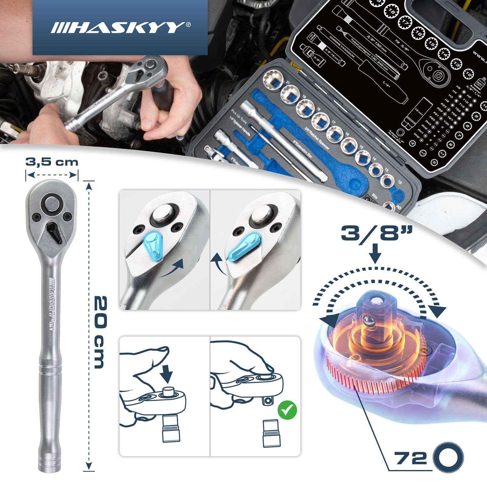 HASKYY 52 tlg. Werkzeugkoffer - Vielzahn Steckschlüssel & Bits Set mit Ratschenfunktion Zöllisch & Metrisch