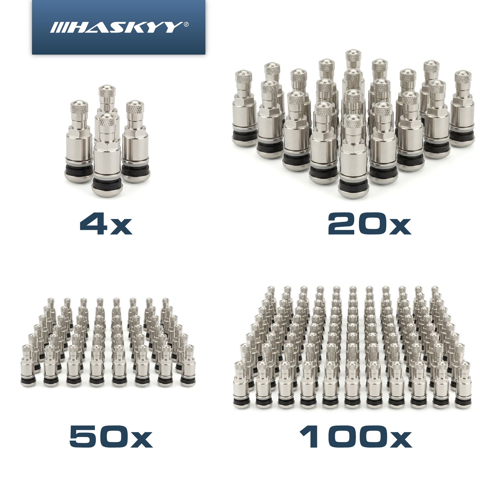 HASKYY Stahlventile Silber 4er Set – Universal Felgenventile 11,3 mm, 45 mm Länge, glänzend vernickelt