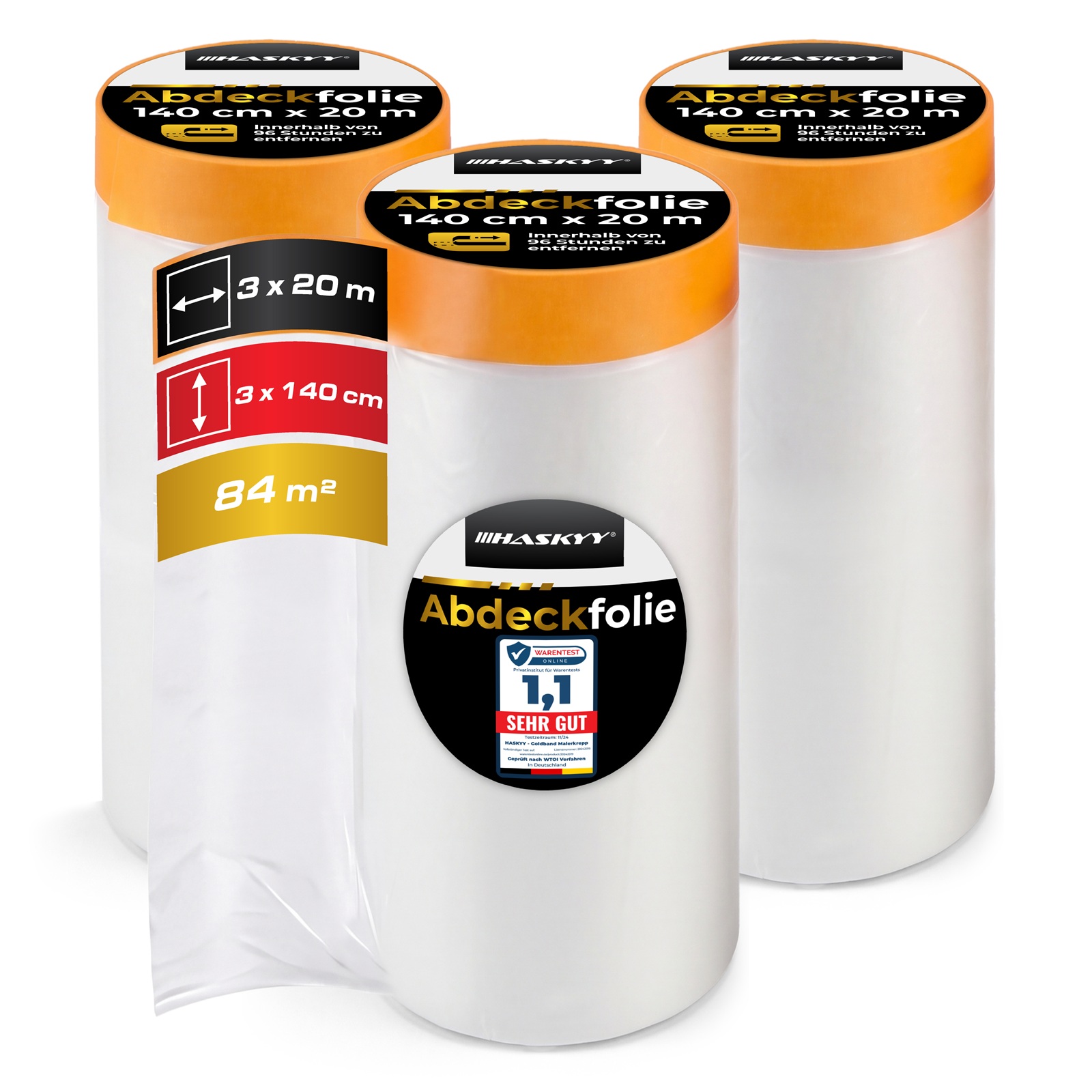 3x Abdeckfolie 140cm x 20m mit Klebeband 18mm