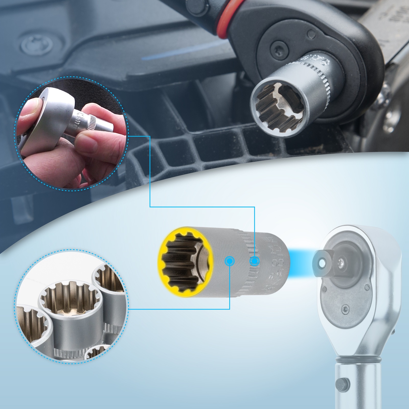 HASKYY Gearlock Vielzahn-Stecknuss-Set 21-tlg. XZN 1/2″ Antrieb 8-36 mm