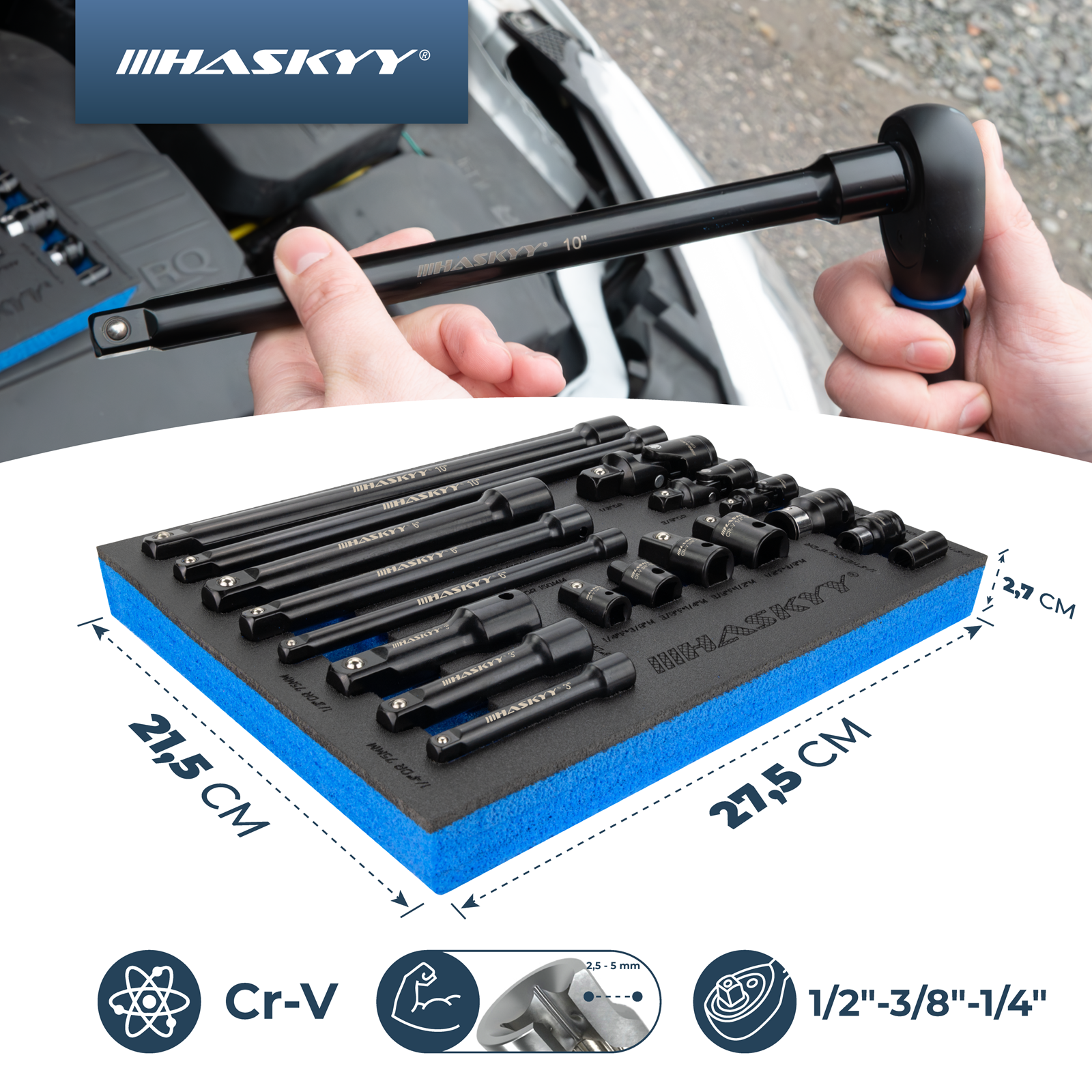 HASKYY Stecknuss-Verlängerungs- & Adapter-Set 18-tlg. 1/4″ 3/8″ 1/2″ Antrieb