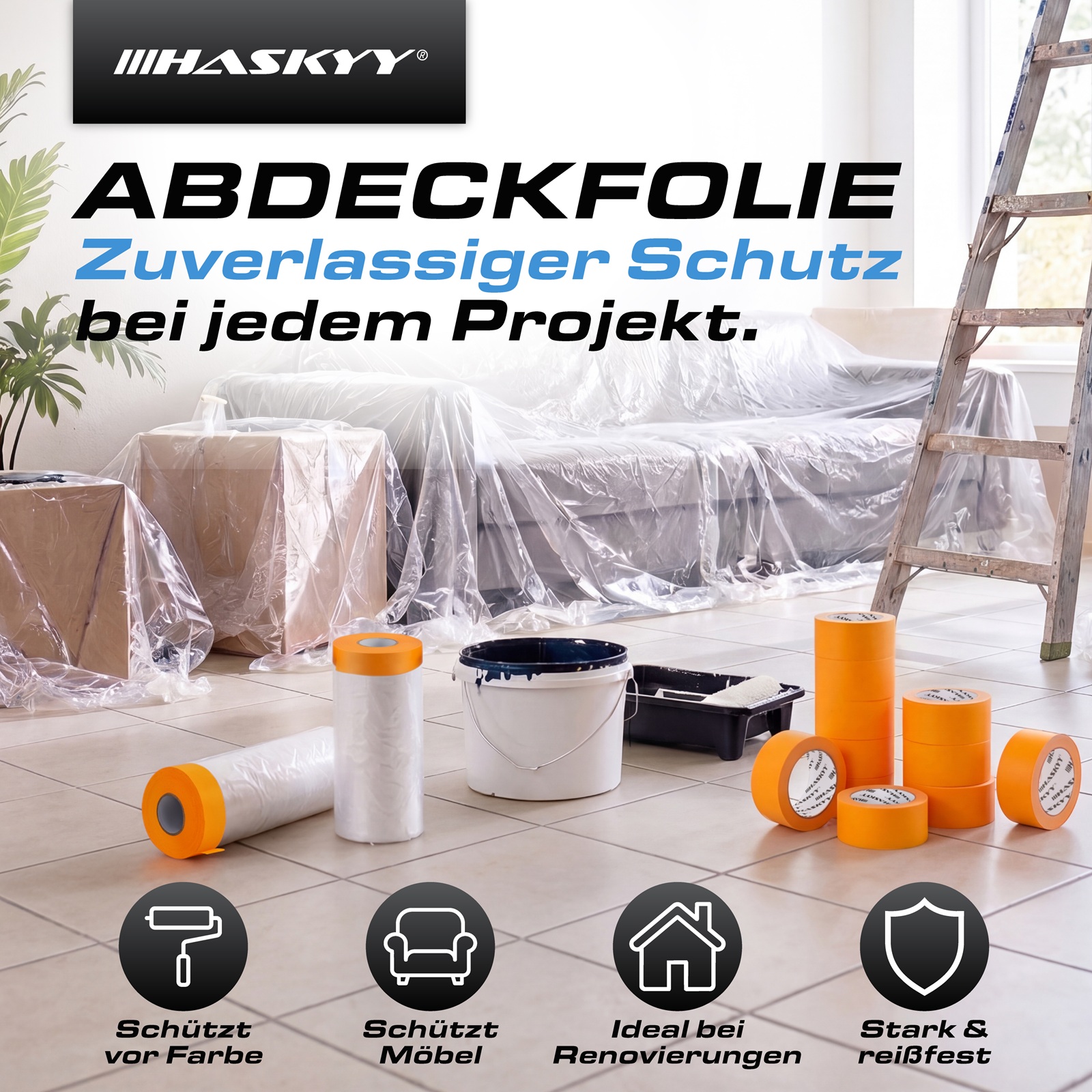 3x Abdeckfolie 140cm x 20m mit Klebeband 18mm