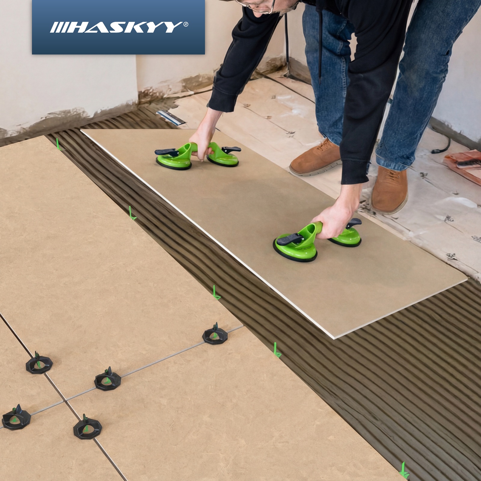 HASKYY 2er Doppelsaugheber Glassauger Set 130KG Vakuum Scheibenheber Fliesen Gummi Saugnapf