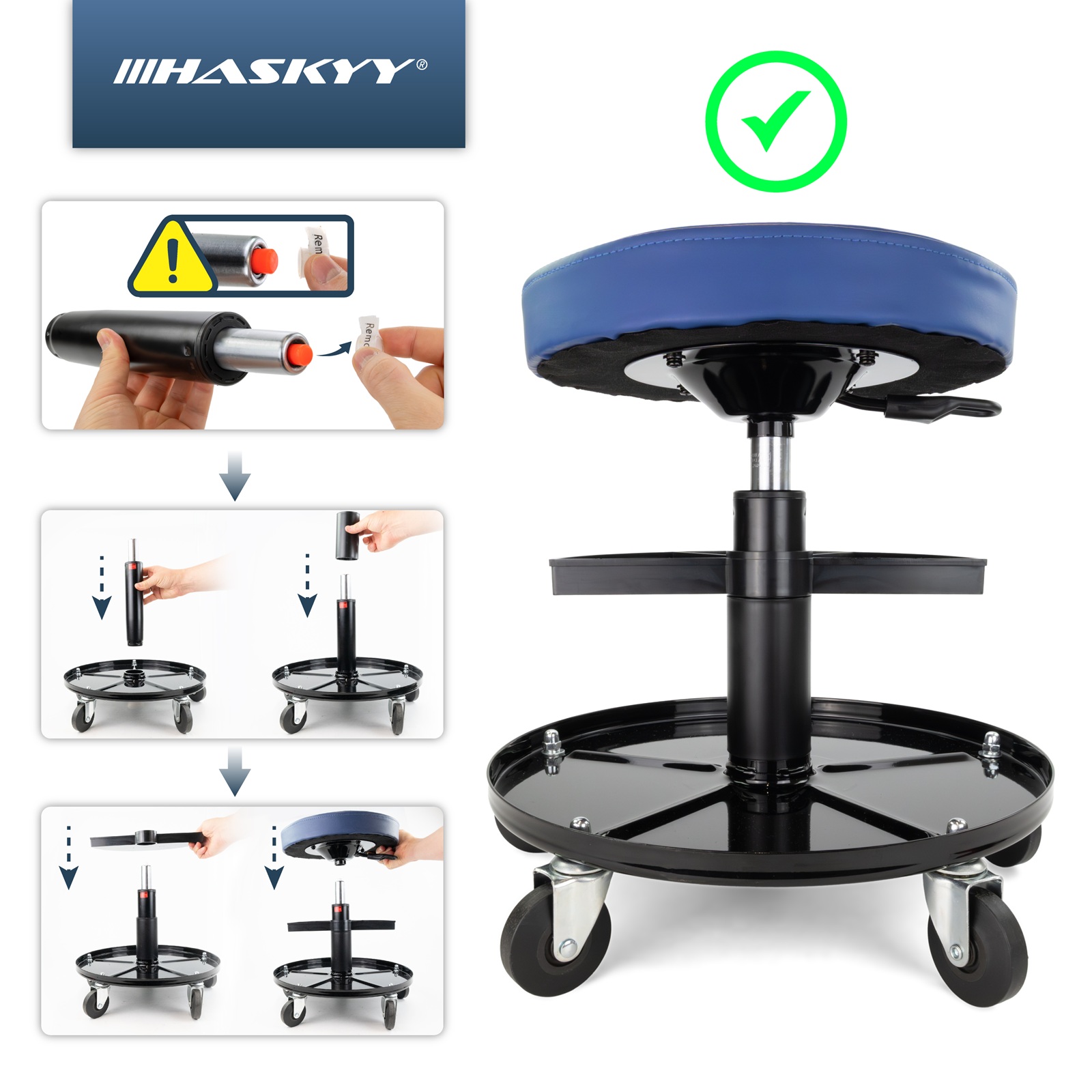 HASKYY Werkstatthocker Blau – 410–540 mm höhenverstellbar, Rollhocker mit 5 Rollen & 2 Ablagen, gepolsterter Sitz Ø 32 cm