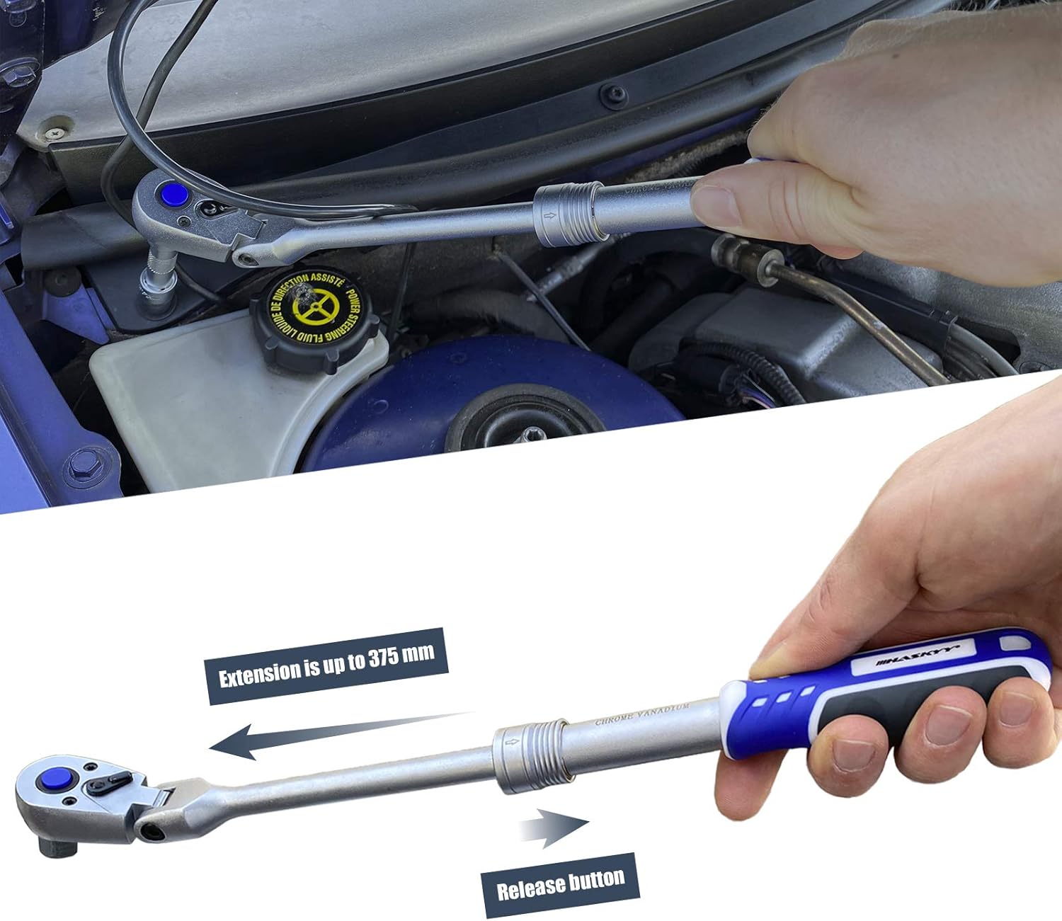 HASKYY Gelenk-Teleskop-Ratsche-Knarre-Set 1/2" + 3/8" + 1/4"  Umschaltknarre ausziehbar | feinverzahnt | Teleskop | Knarre | Ratsche