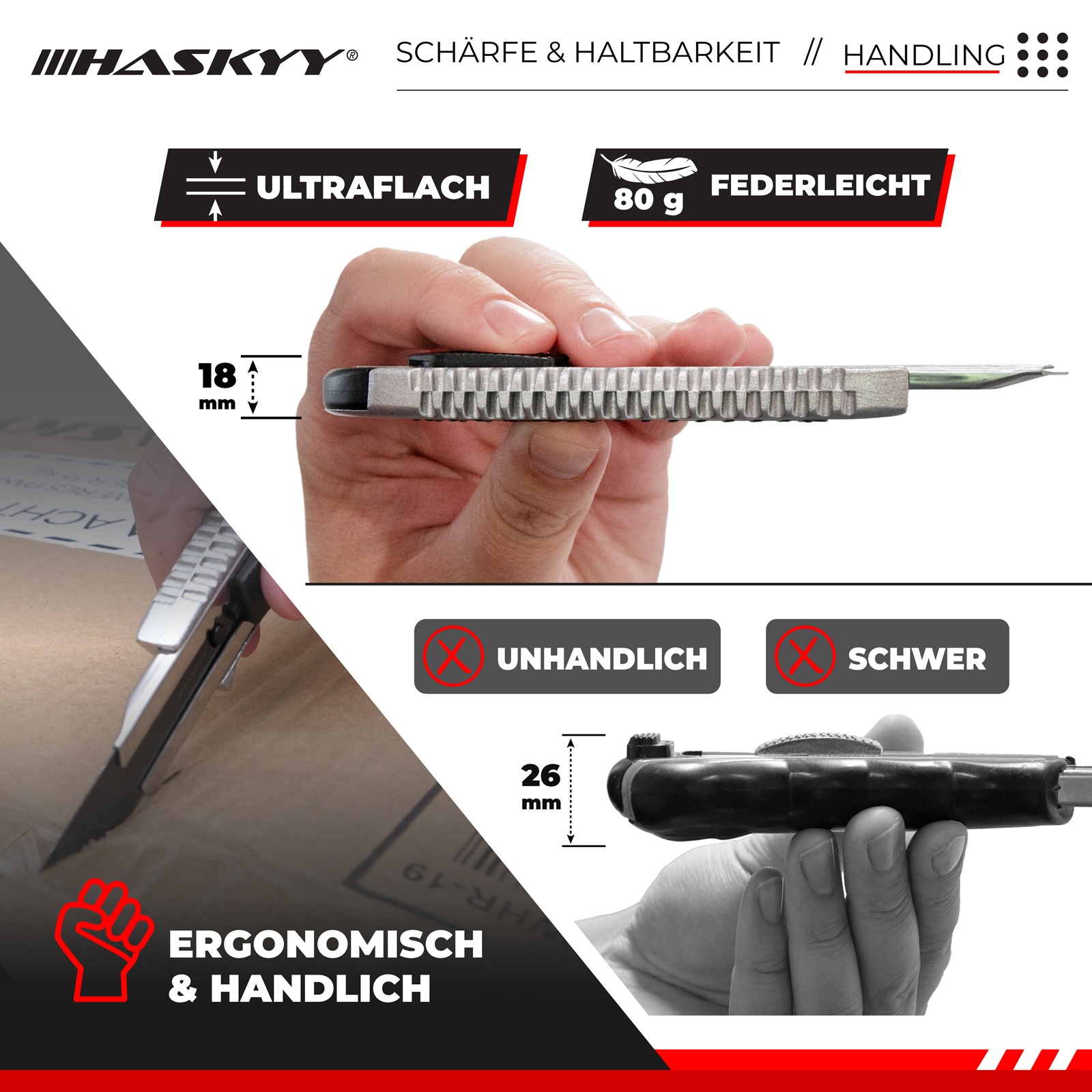 HASKYY Cuttermesser Teppichmesser 4 Stück Set mit 20x Klingen SK5 18mm