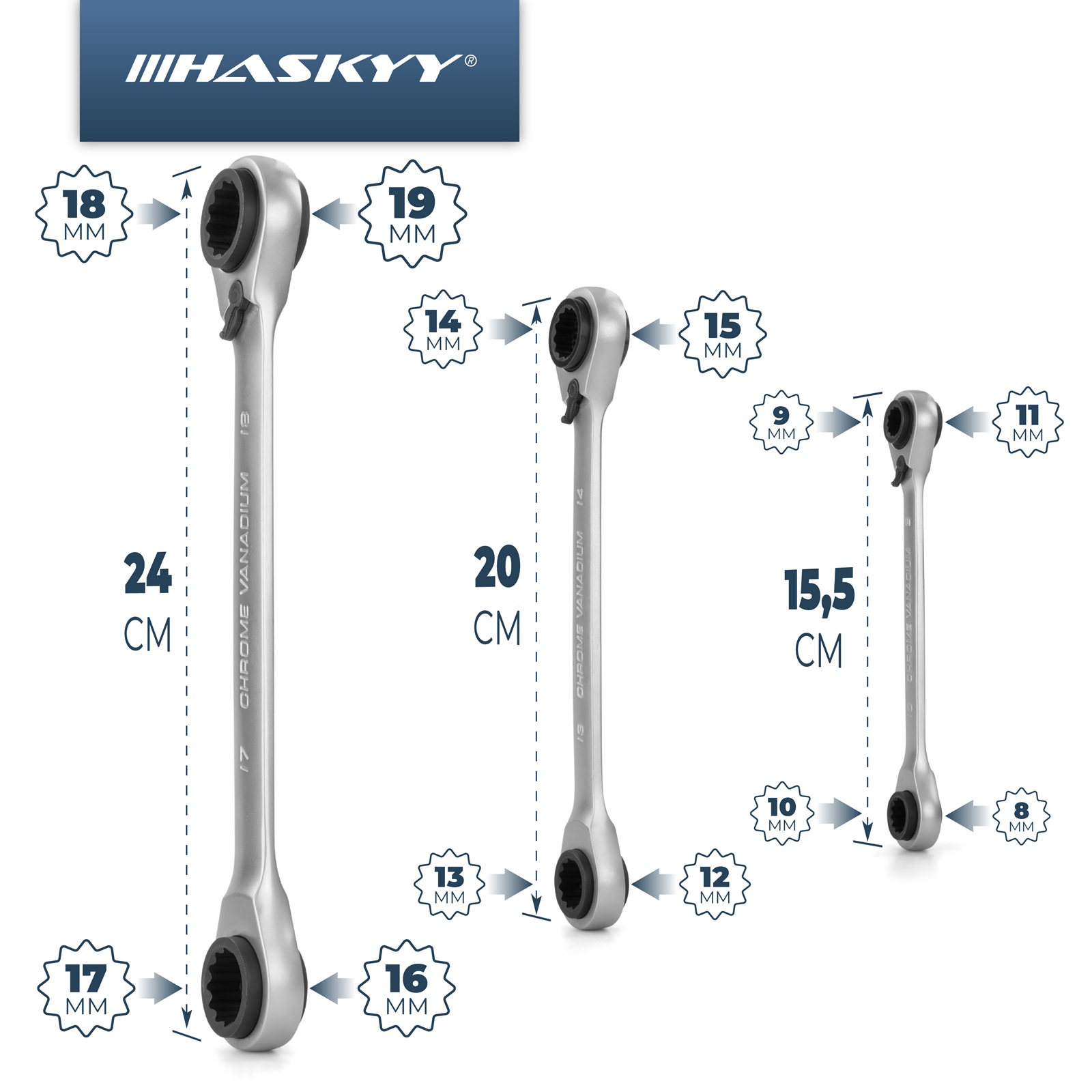 HASKYY Kombi Doppel-Ringratschenschlüssel Set 4in1 3-tlg 8-19mm
