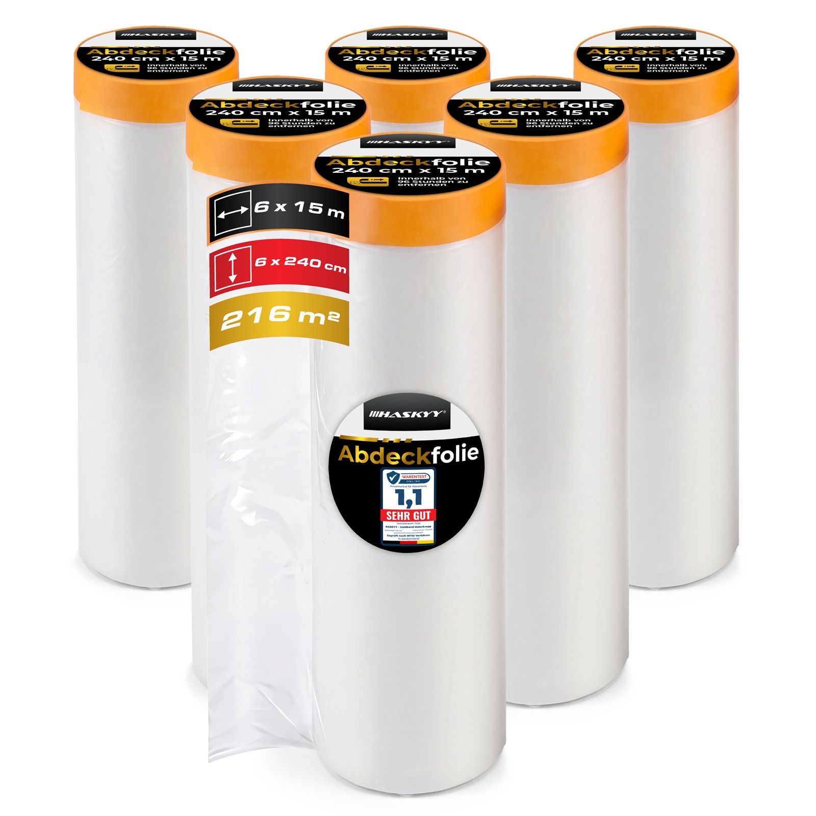 6x Abdeckfolie 240cm x 15m mit Klebeband 18mm