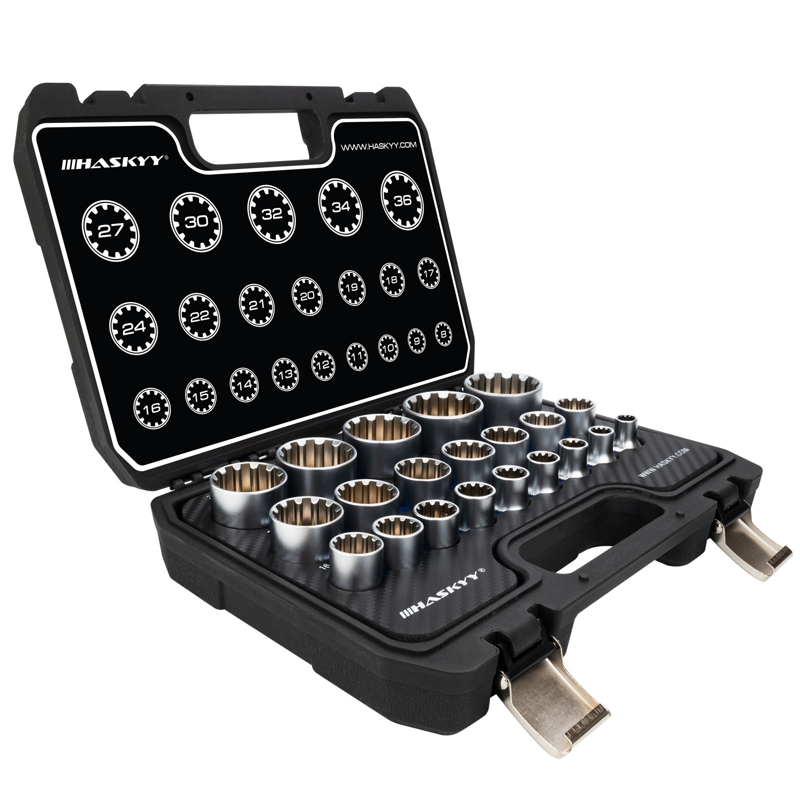HASKYY Gearlock Vielzahn-Stecknuss-Set 21-tlg. XZN 1/2″ Antrieb 8-36 mm