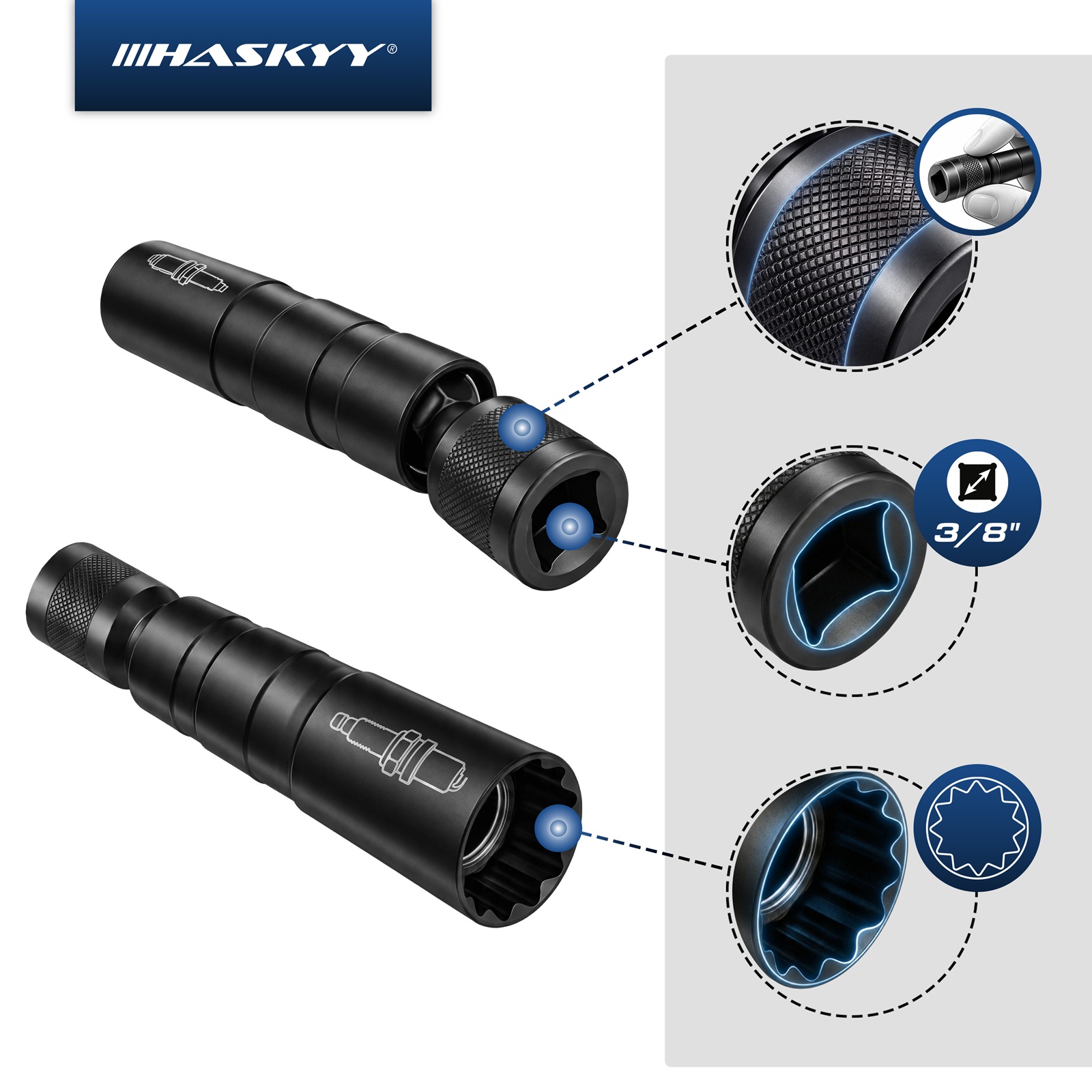 HASKYY Gelenk Zündkerzenschlüssel 14 16 mm magnetisch Zündkerzen Glühkerzen 3/8" Zwölfkant