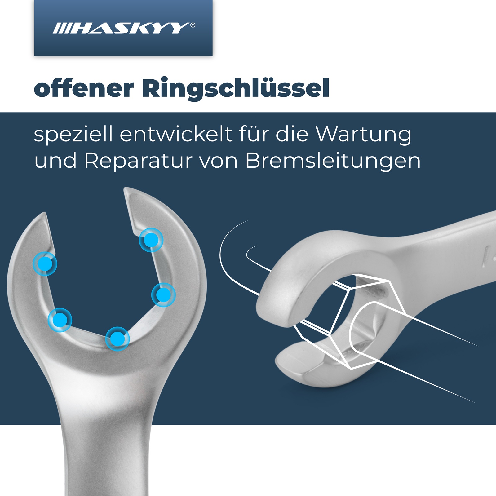 HASKYY 7 tlg. Bremsleitungsschlüssel Satz Offener Ringschlüssel 15° abgewinkelt Bremsleitung Maulschlüssel