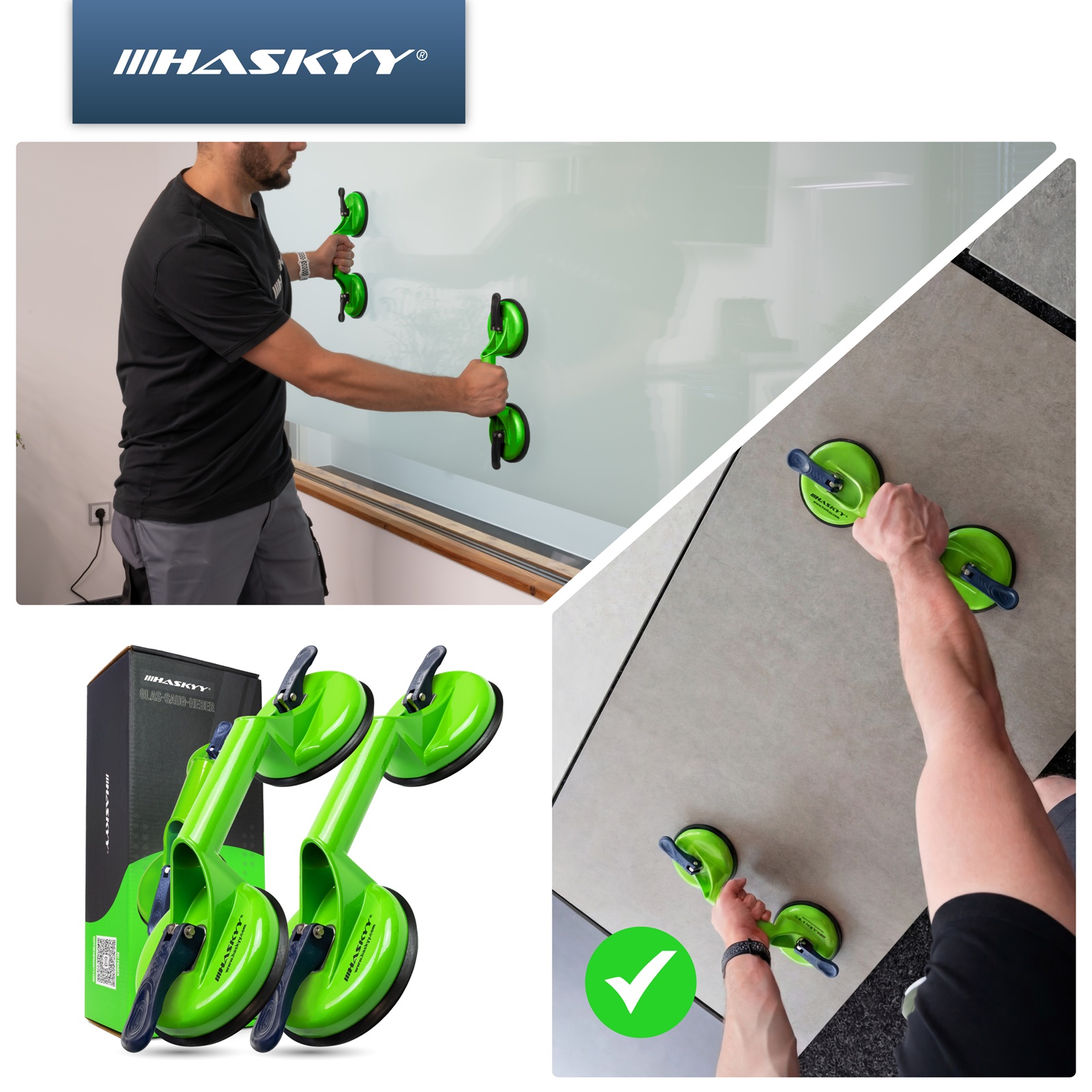 HASKYY 2er Doppelsaugheber Glassauger Set 130KG Vakuum Scheibenheber Fliesen Gummi Saugnapf