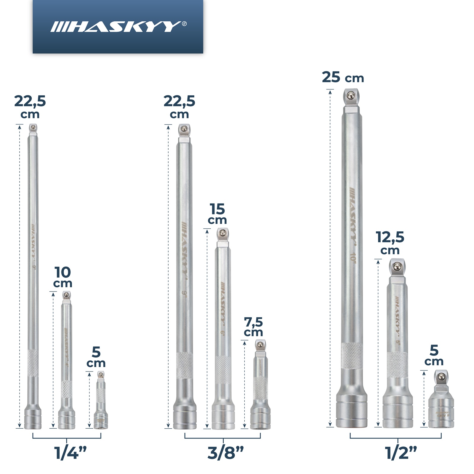 HASKYY Verlängerungs-Stecknuss-Set 9-tlg. 1/4" / 3/8" / 1/2" Antrieb – Längen 50-250 mm