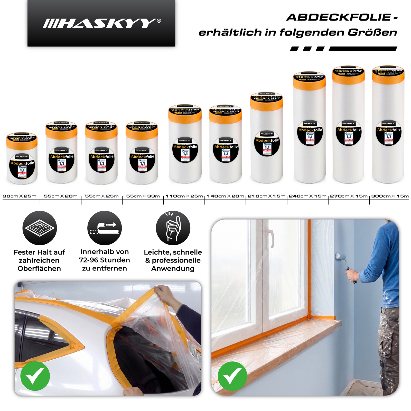 20x Abdeckfolie 270cm x 15m mit Klebeband 18mm