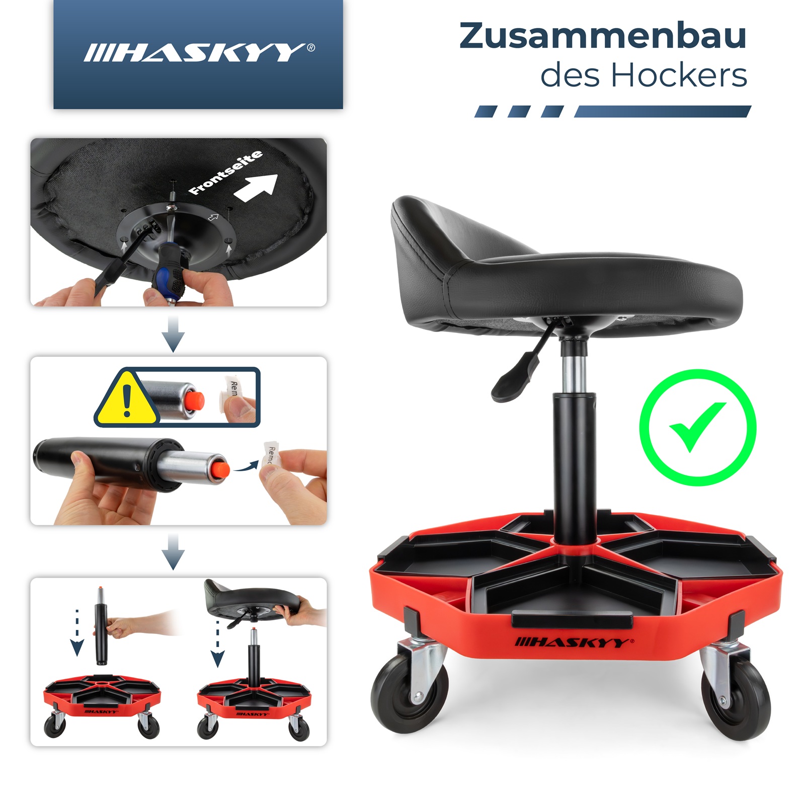HASKYY Werkstatthocker mit kleiner Rückenlehne, höhenverstellbar, 150kg, 360° Rollen