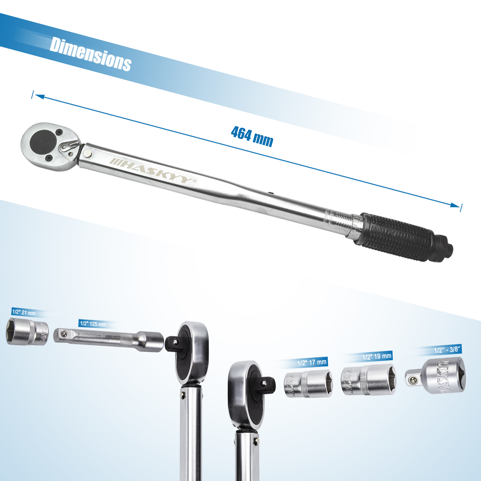 HASKYY Drehmomentschlüssel 1/2" 28–210 Nm inkl. Nüsse