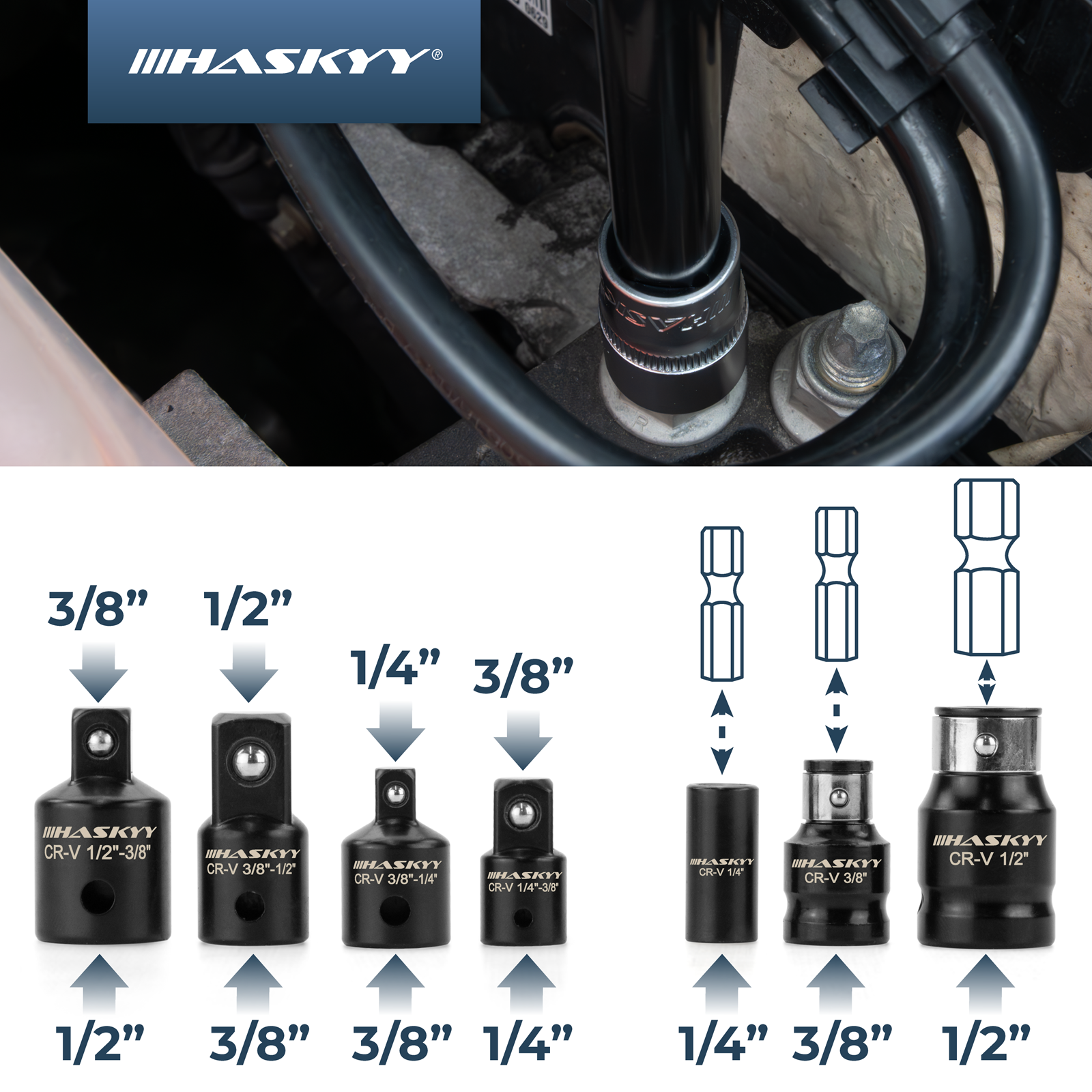 HASKYY Stecknuss-Verlängerungs- & Adapter-Set 18-tlg. 1/4″ 3/8″ 1/2″ Antrieb