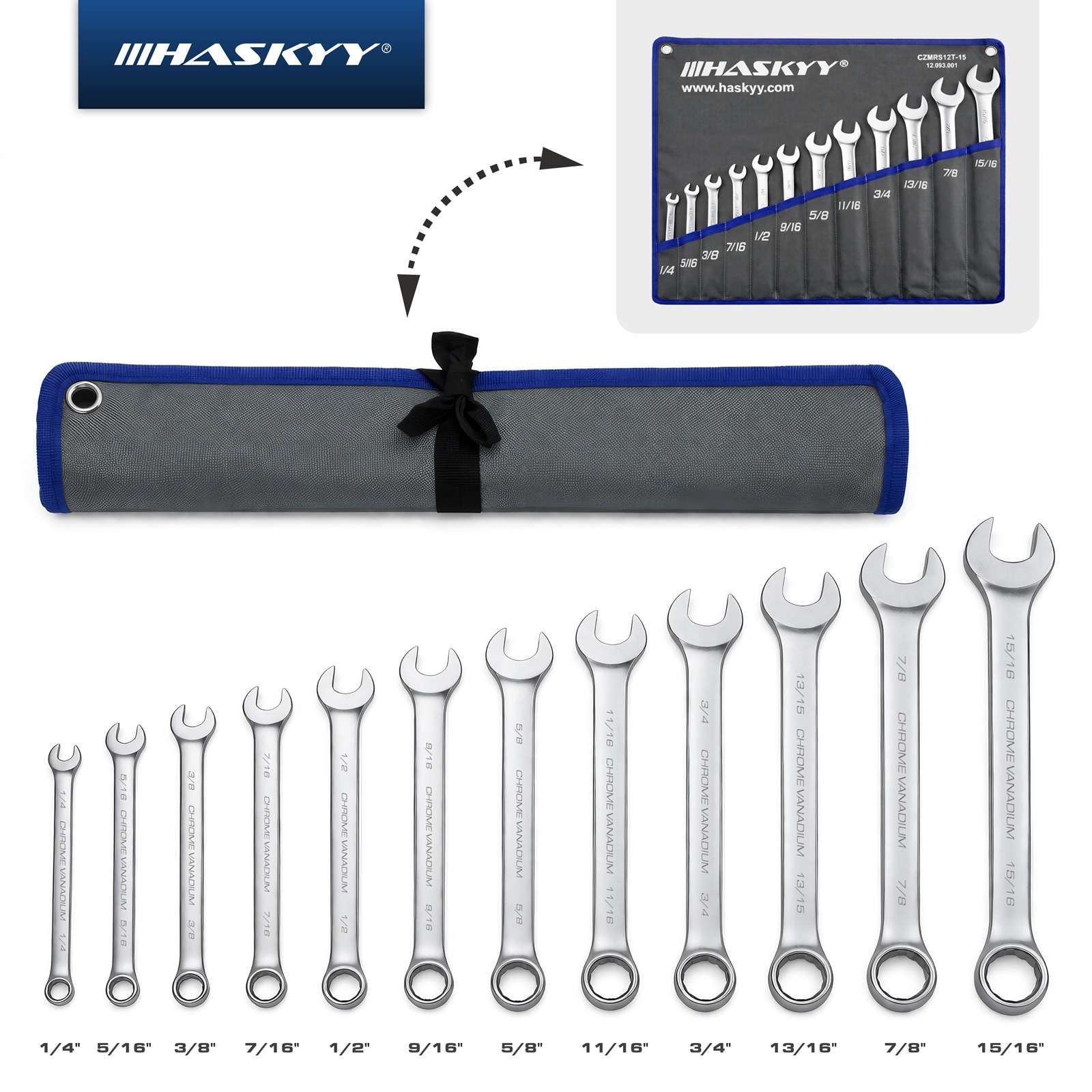 HASKYY Zoll Maul-Ringschlüssel SAE Satz Gabel Schlüssel 1/4" - 15/16" 12 tlg.