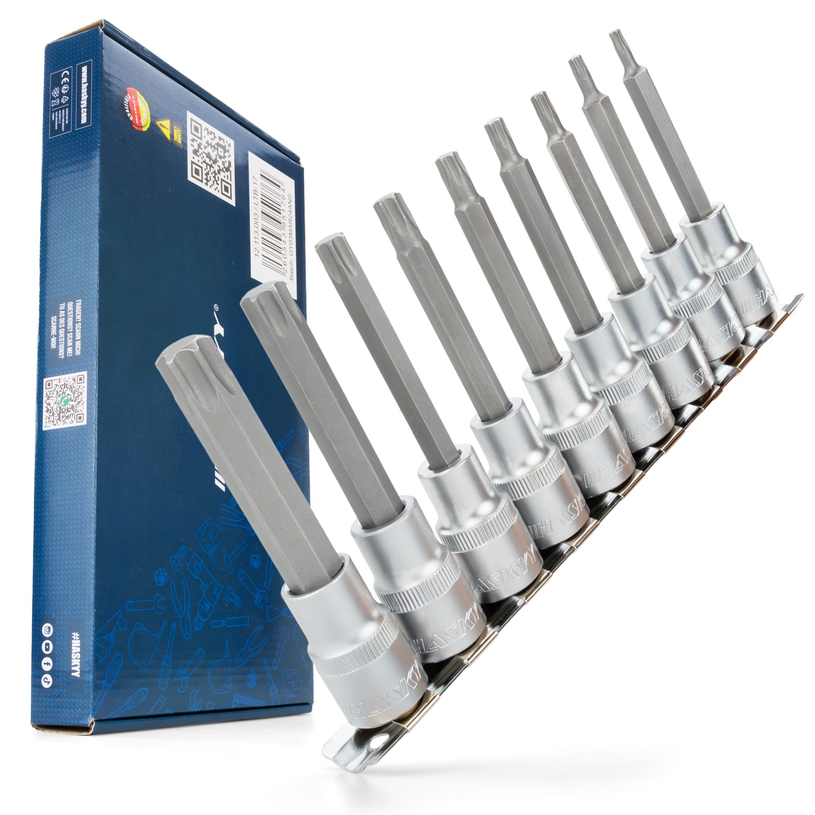 HASKYY Torx Bits Satz 1/2" Innenvierkant T20 - T60 Lang Bits 10 cm Stecknuss Set 9 tlg.