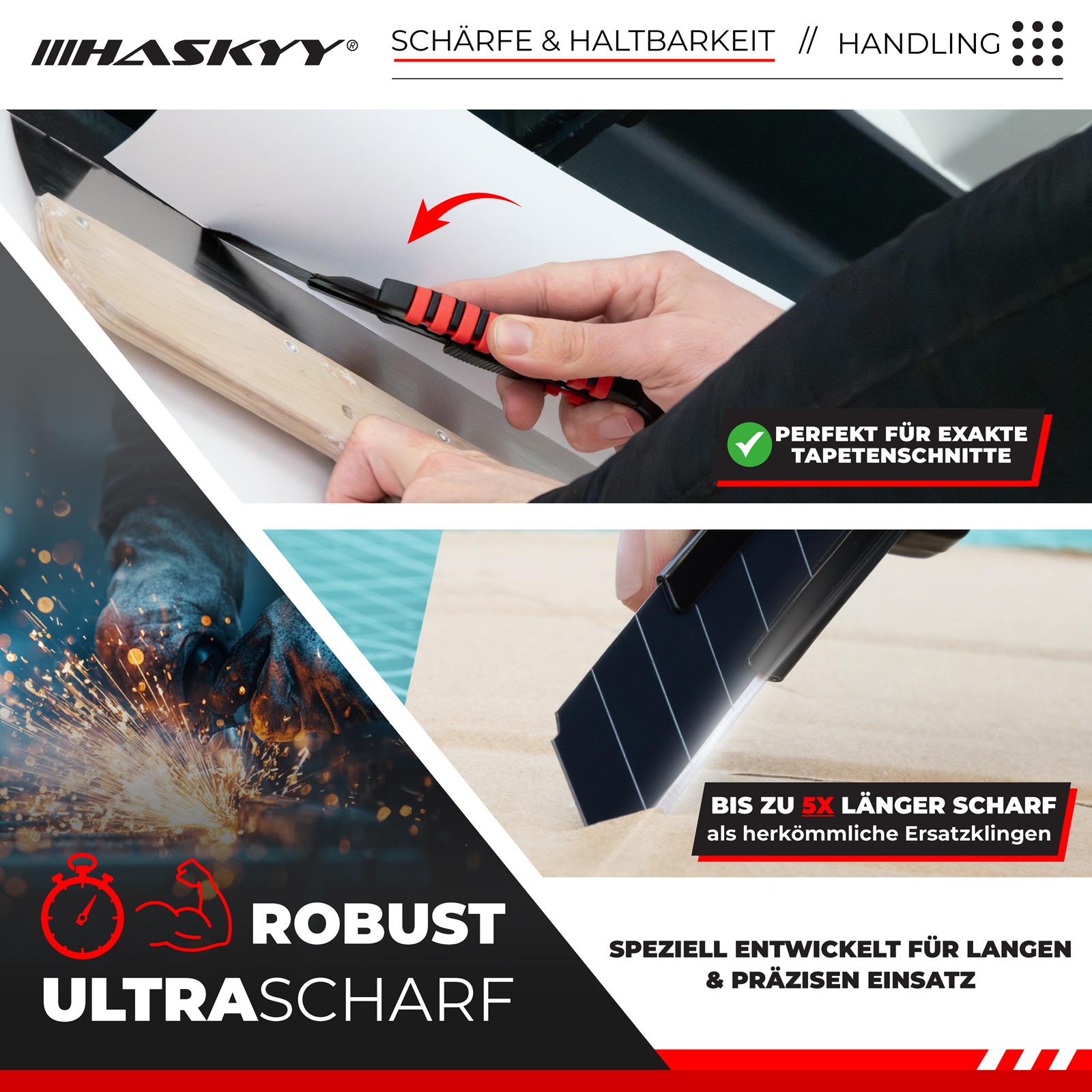 HASKYY Cuttermesser Set 5x – 18 mm Teppichmesser mit extra scharfer SK5 Klinge, Aluminiumkörper mit Gummierung, Lock-In & Klingenbrecher