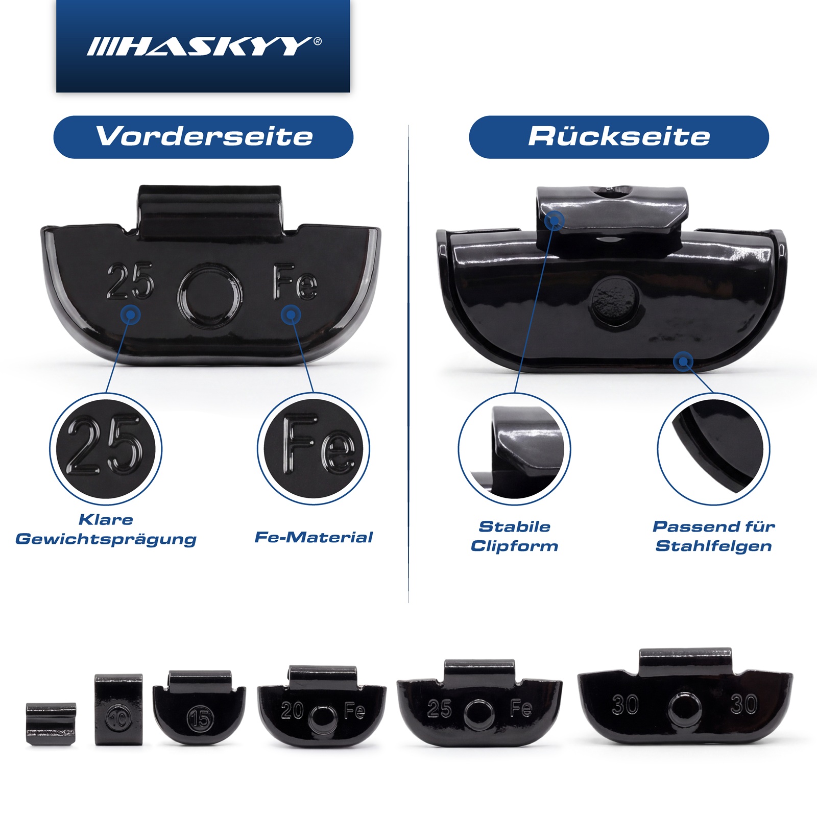 HASKYY 150 tlg. Schlaggewichte Auswuchtgewichte Stahlfelgen 5-30 g Schwarz