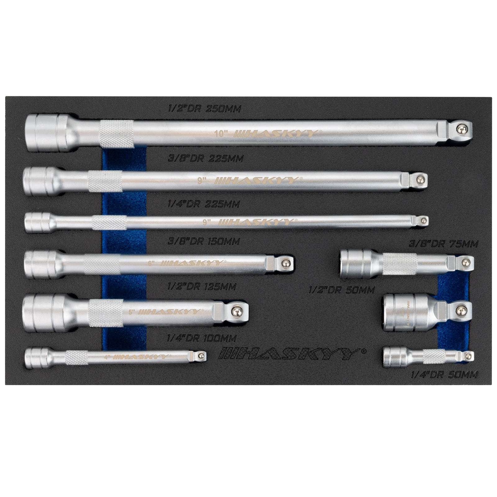 HASKYY Verlängerungs-Stecknuss-Set 9-tlg. 1/4" / 3/8" / 1/2" Antrieb – Längen 50-250 mm