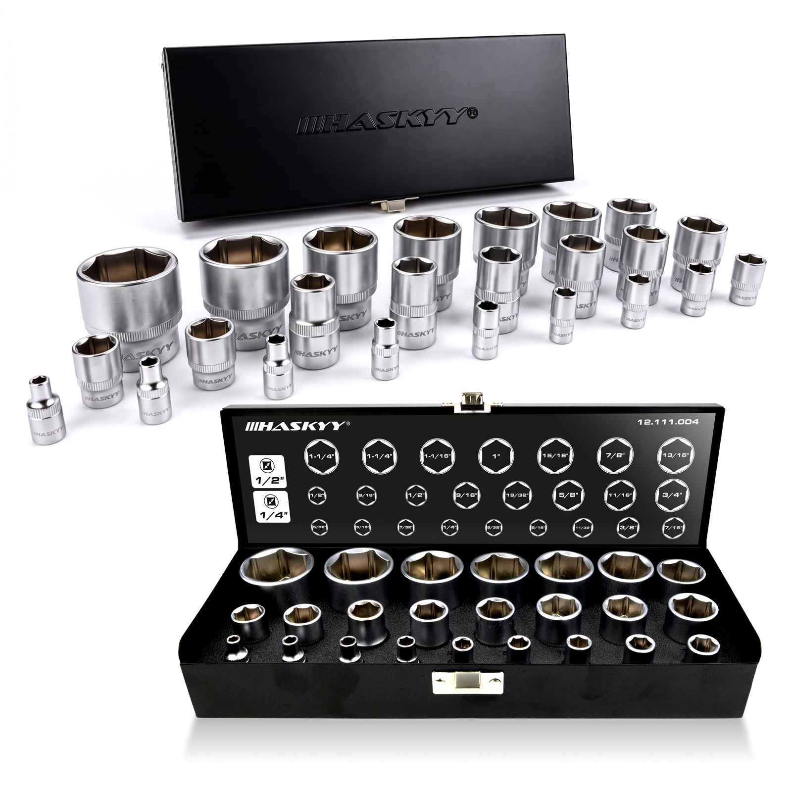 HASKYY 24-teiliges Stecknuss-Set Zoll (1/4″ & 1/2″ Antrieb) – 5/32″–1 1/4″