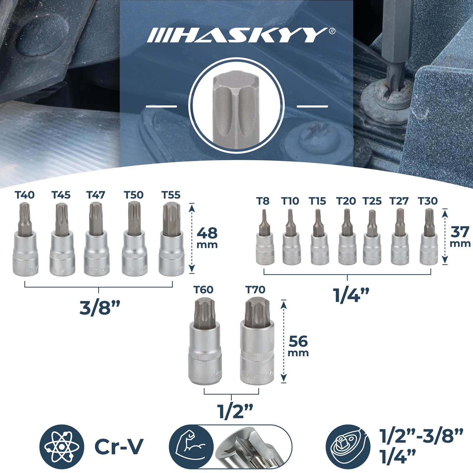 Awang XZN Steckschlüssel-Set – Dreifach-Vierkant Bits M4 Bis M18 (1/4", 3/8", 1/2") Mit Koffer