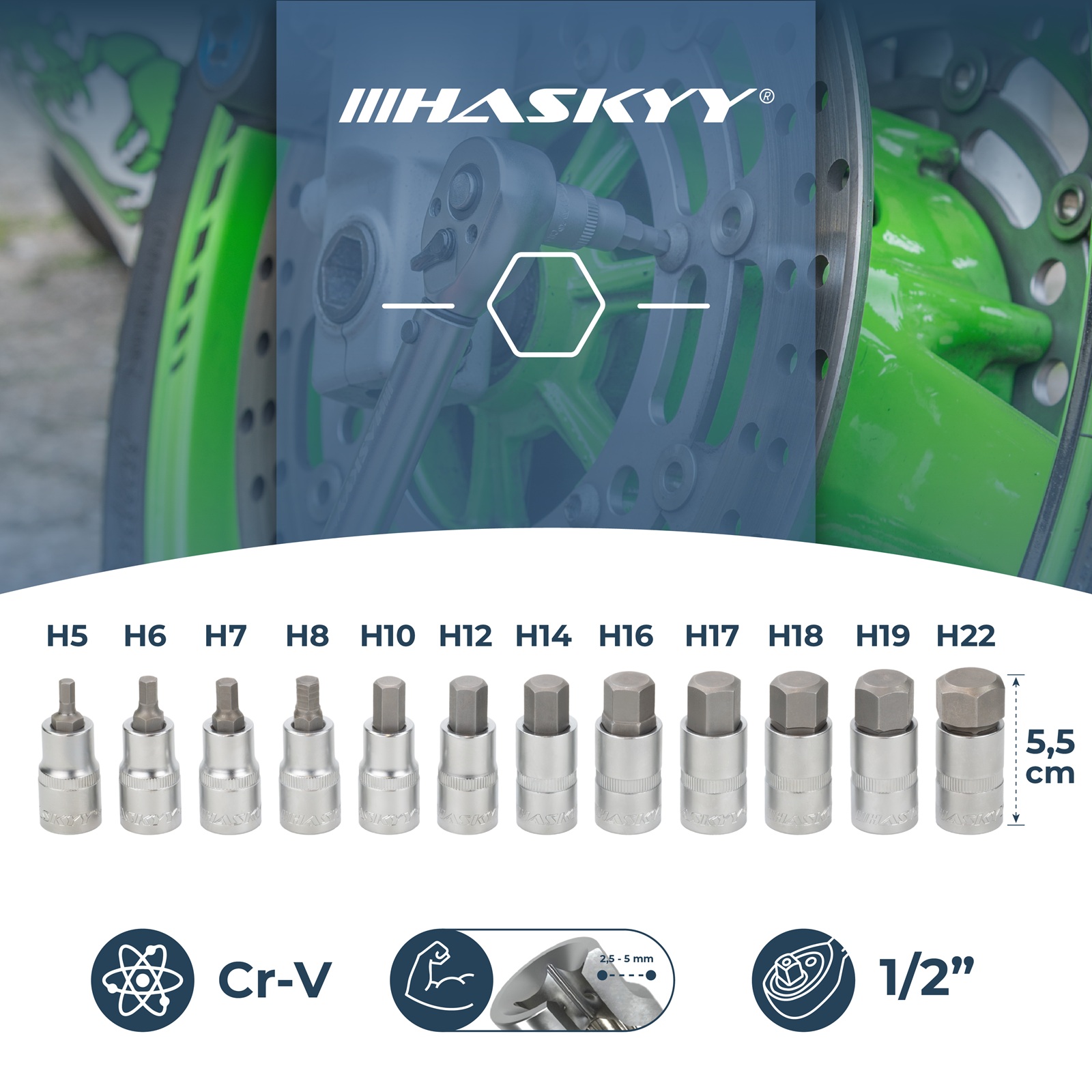 HASKYY Innensechskant Stecknuss-Set 12-tlg. 5–22 mm – 1/2″ Antrieb