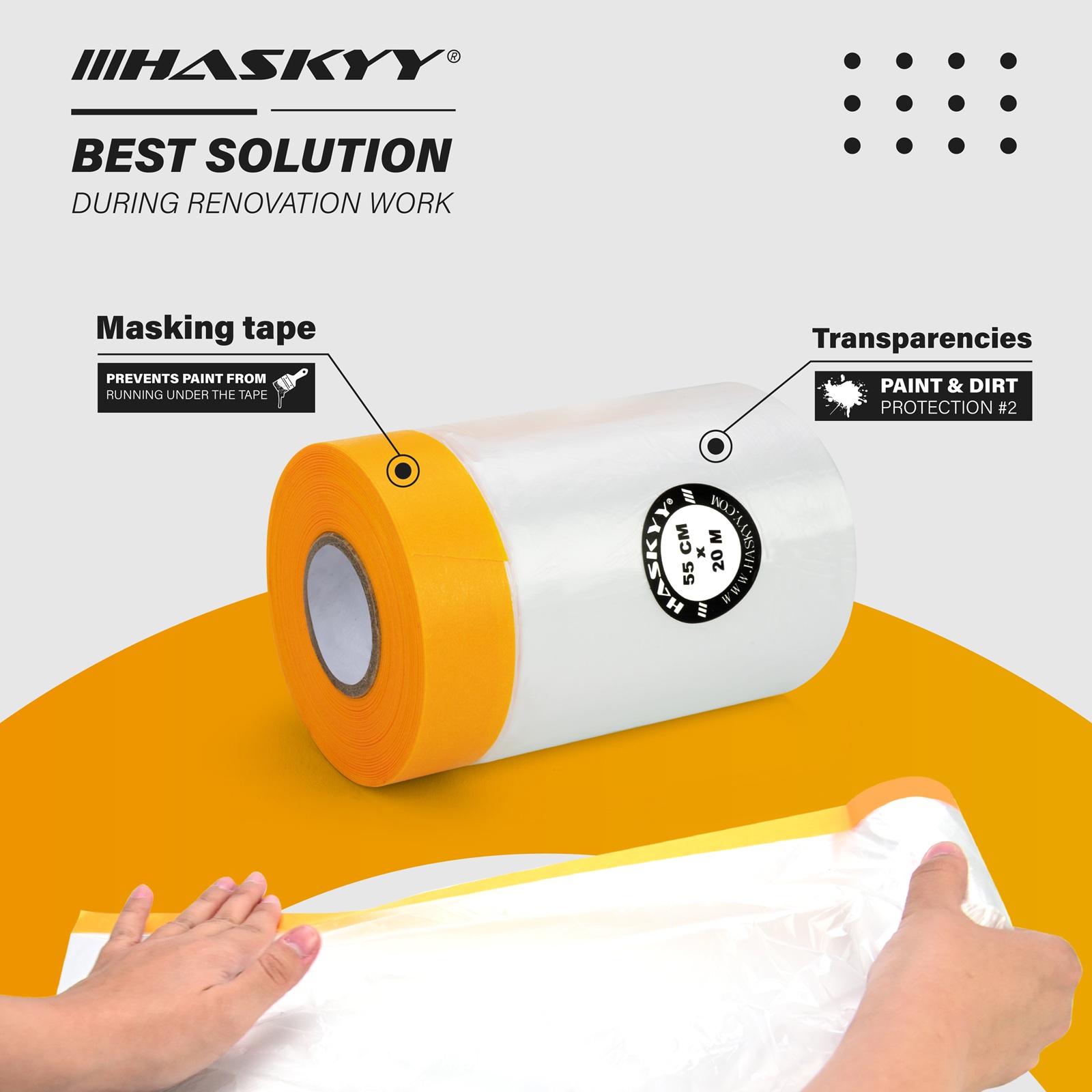 HASKYY 8x Maler-Abdeckfolien 55cm x 20m mit Goldband 18mm Professionelles Abkleben