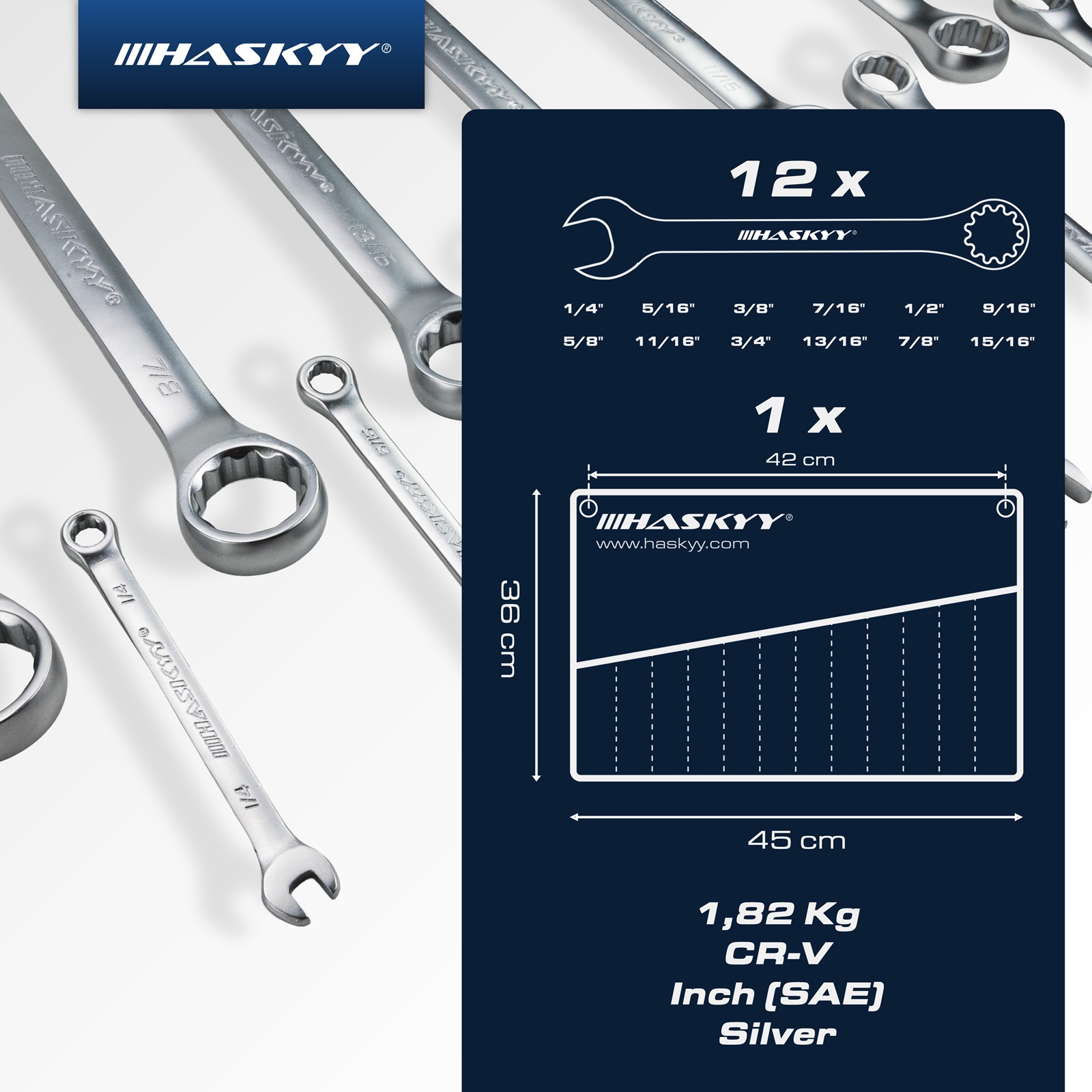HASKYY Zoll Maul-Ringschlüssel SAE Satz Gabel Schlüssel 1/4" - 15/16" 12 tlg.