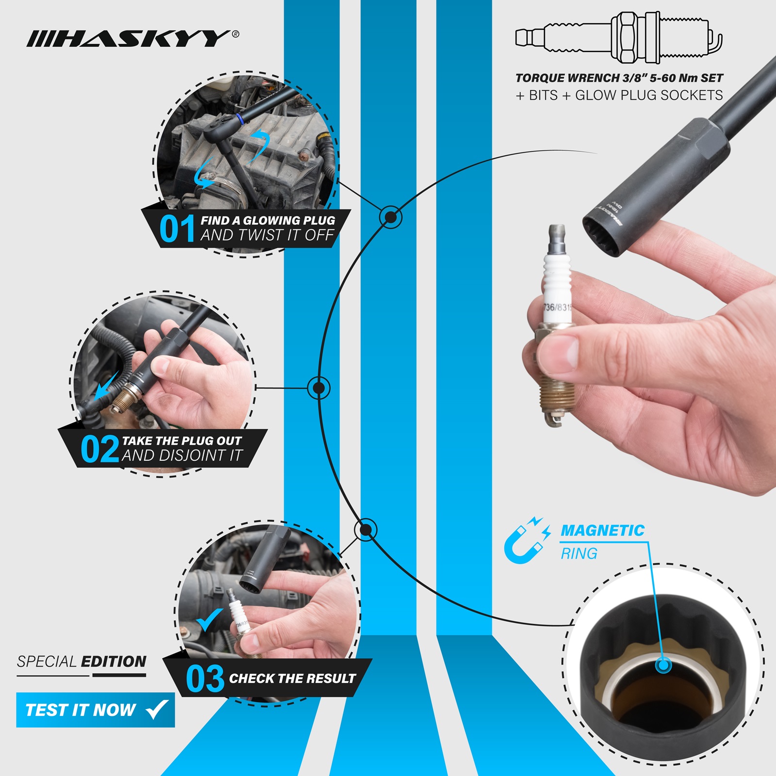 Haskyy Drehmomentschlüssel Set 3/8" 5-60Nm Motorrad Drehmoment - Black Series