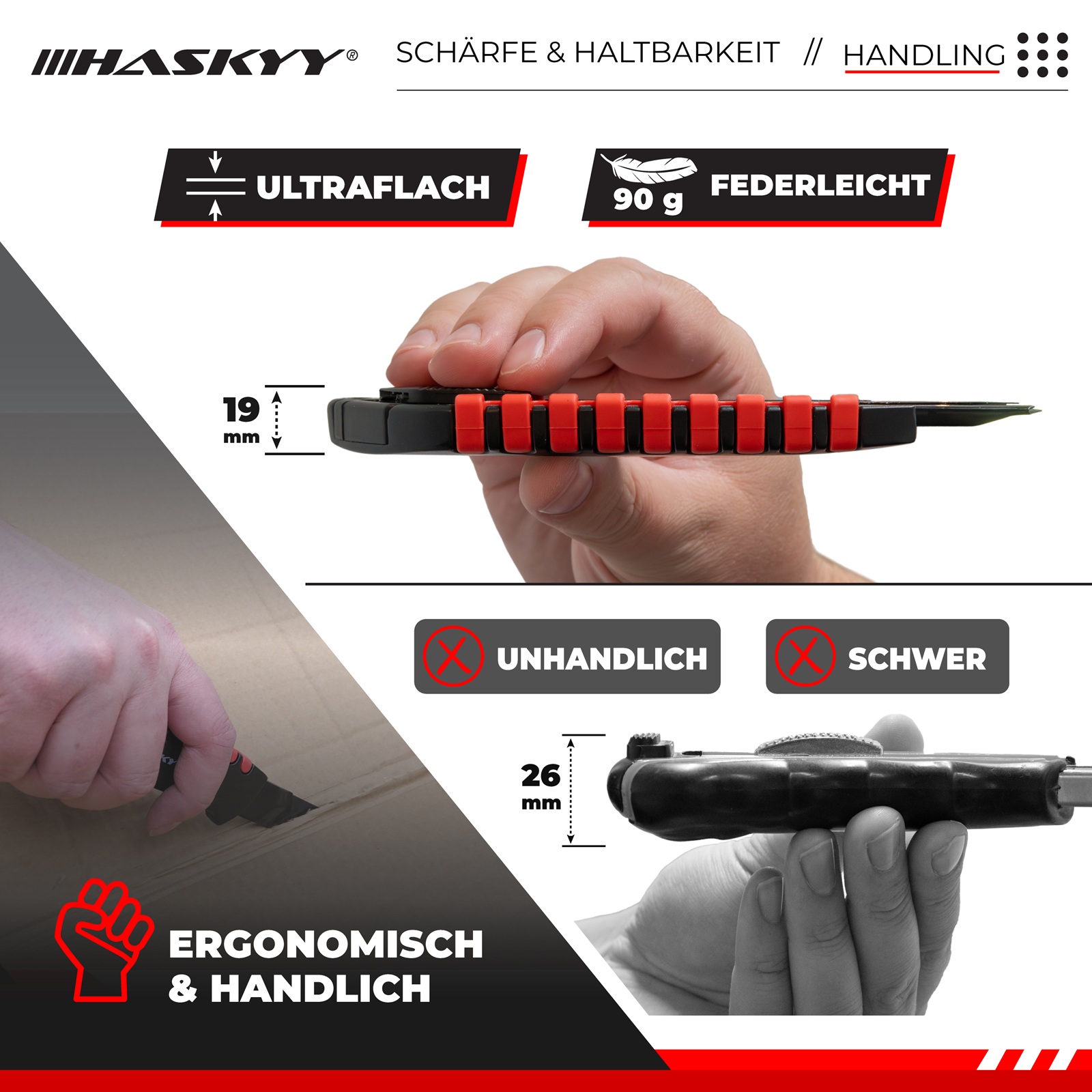 HASKYY Cuttermesser Set 5x – 18 mm Teppichmesser mit extra scharfer SK5 Klinge, Aluminiumkörper mit Gummierung, Lock-In & Klingenbrecher