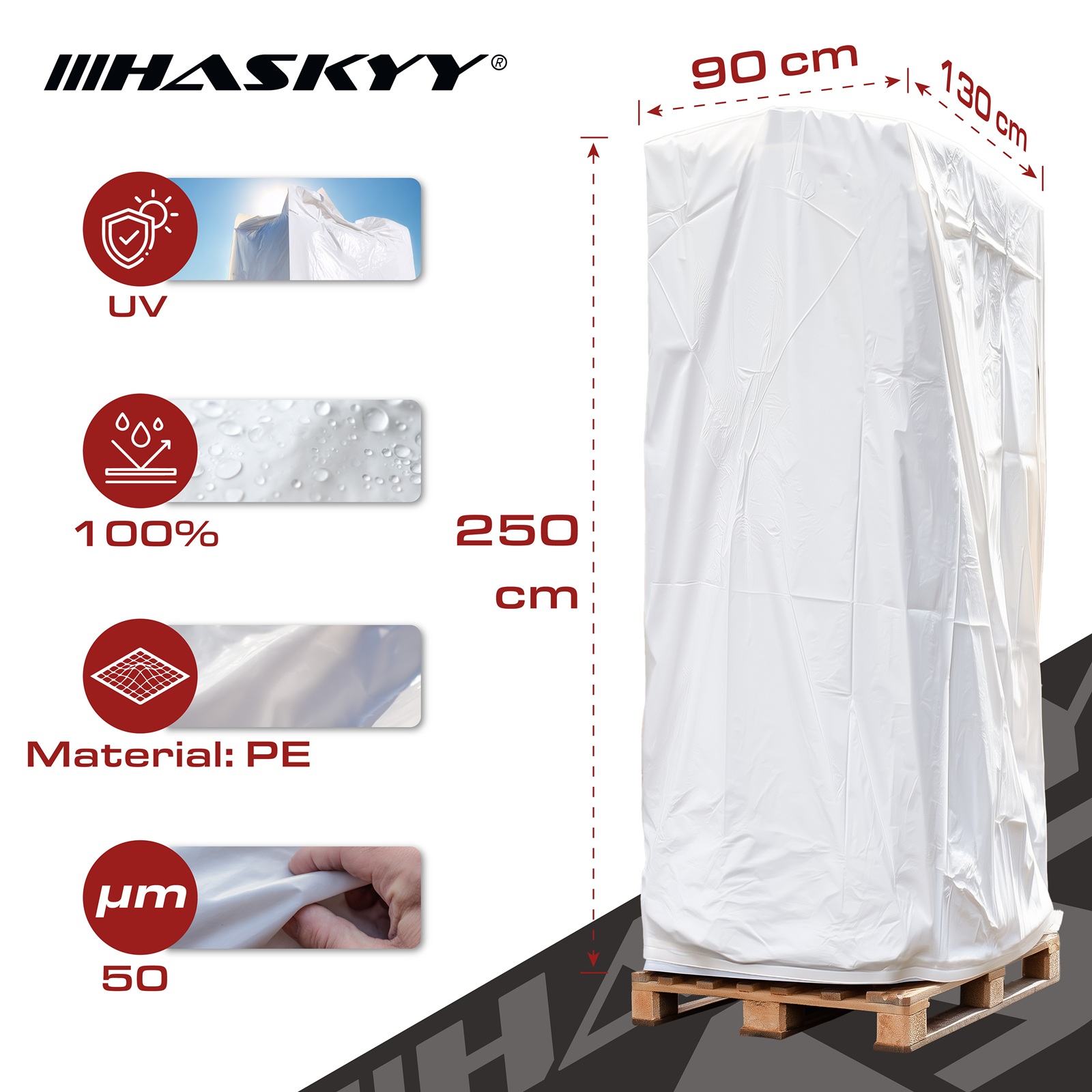 HASKYY XXL Schutzhaube 250×130×90 cm weiß – Universal Abdeckhaube aus PE, wasserdicht & UV-beständig, extra hoch für Paletten, Gitterboxen, Grill & Gartenmöbel