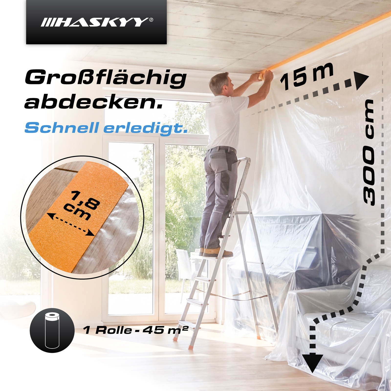 10x Abdeckfolie 300cm x 15m mit Klebeband 18mm