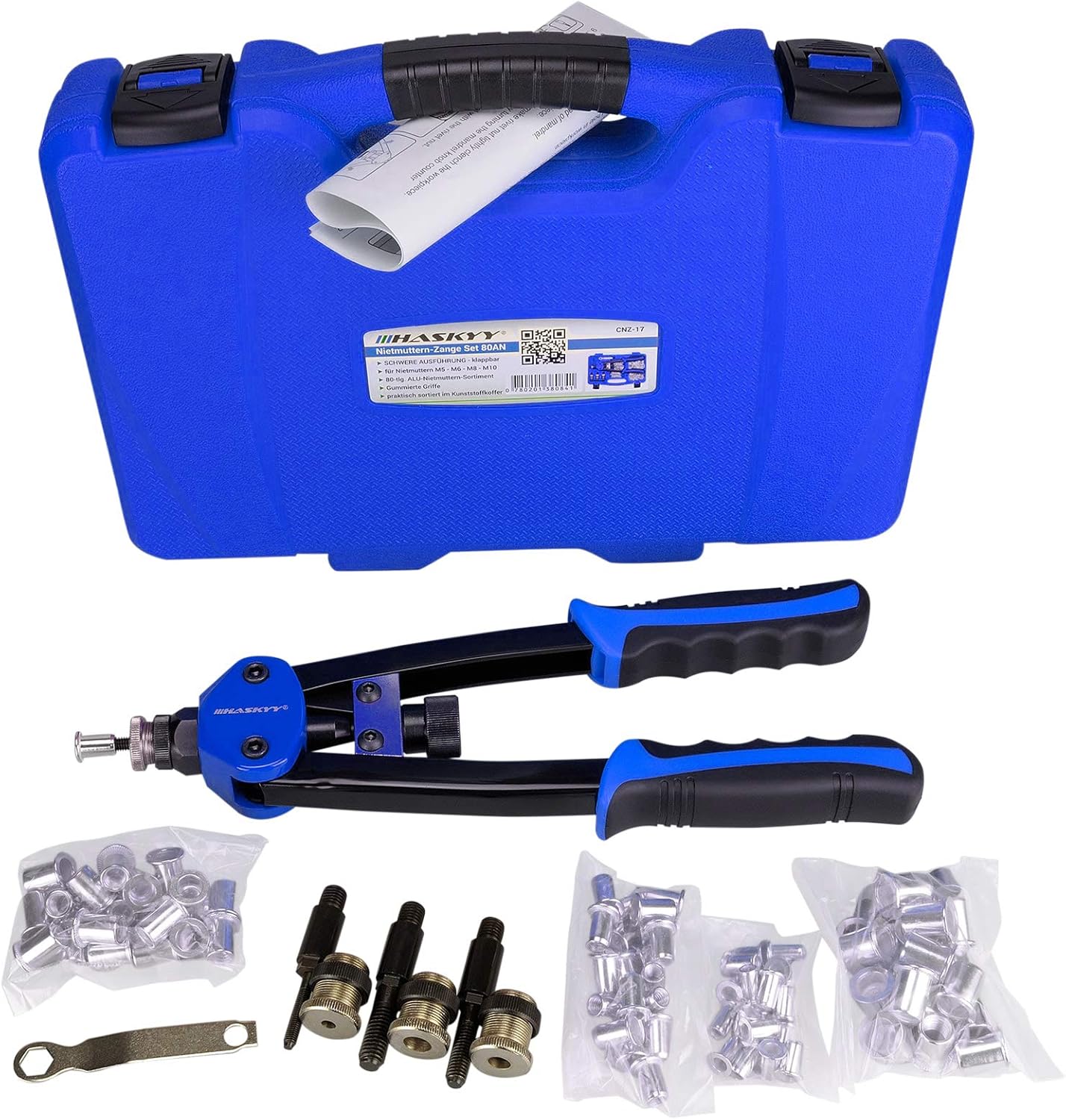 HASKYY Heavy-Duty Nietmutter-/Blindnietenzange + 80 Nieten (M5–M10)